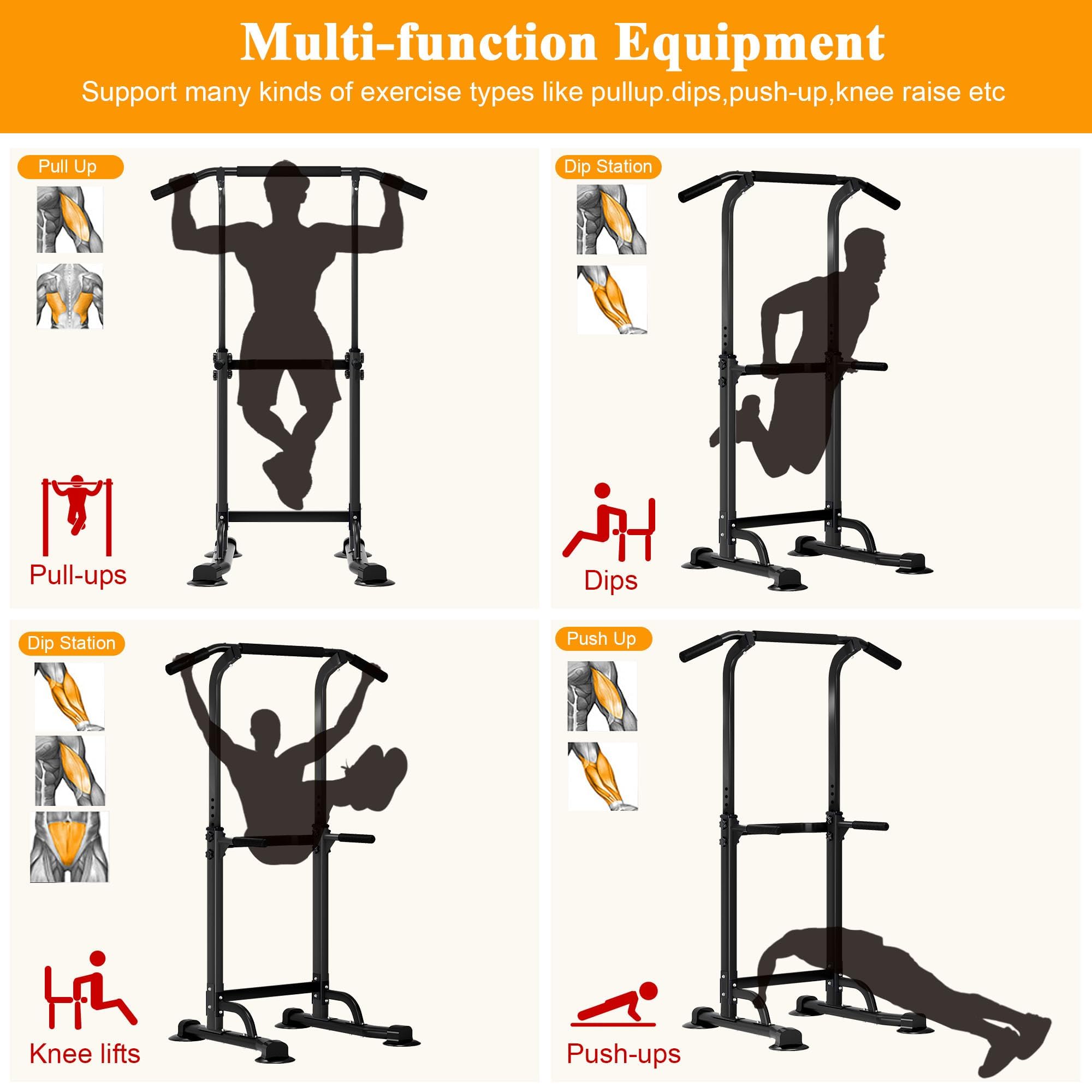 Multi-function Equipment  
Support many kinds of exercise types like pullup, dips, push-up, knee raise etc  

- Pull Up  
  - Pull-ups  

- Dip Station  
  - Dips  

- Dip Station  
  - Knee lifts  

- Push Up  
  - Push-ups