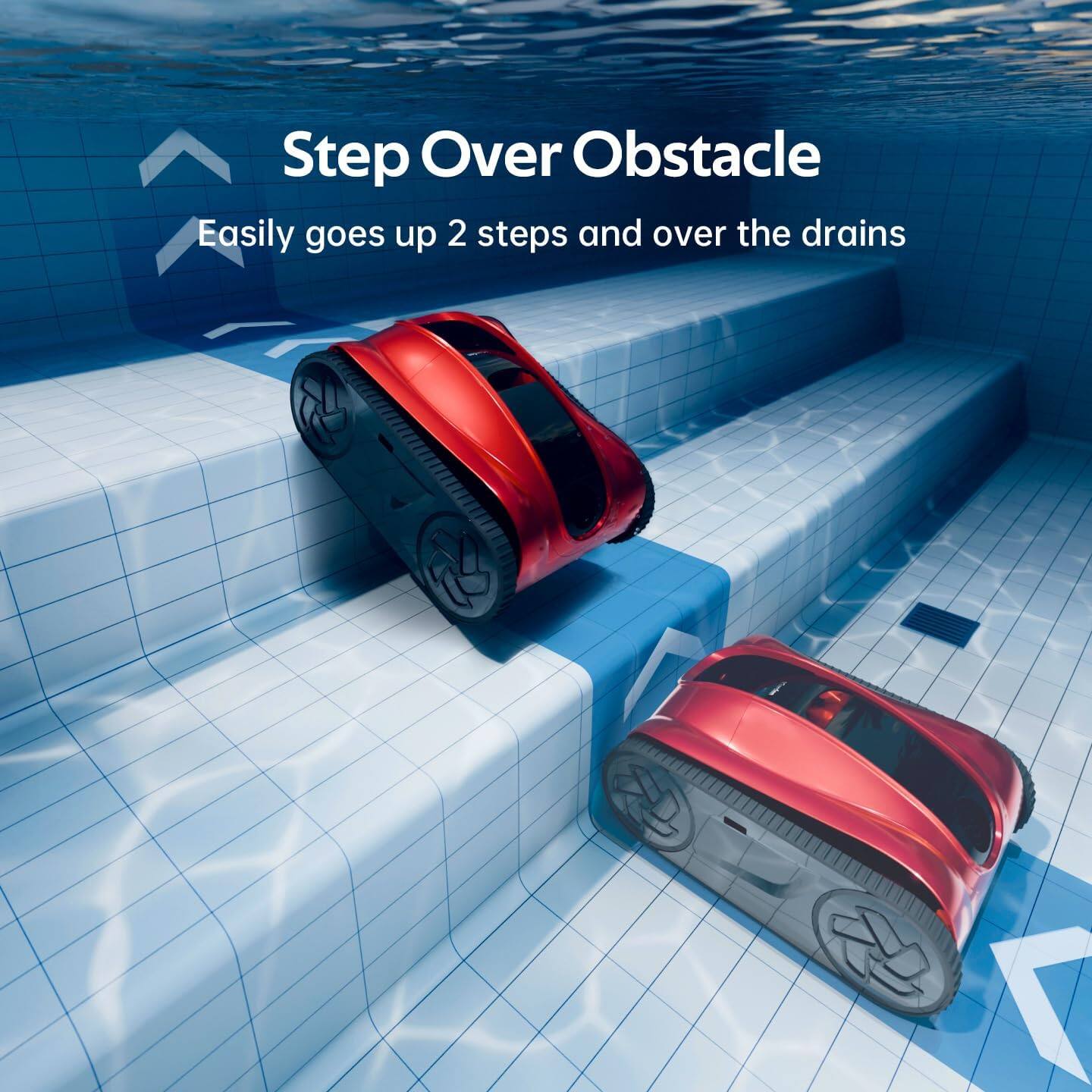 Step Over Obstacle  
Easily goes up 2 steps and over the drains