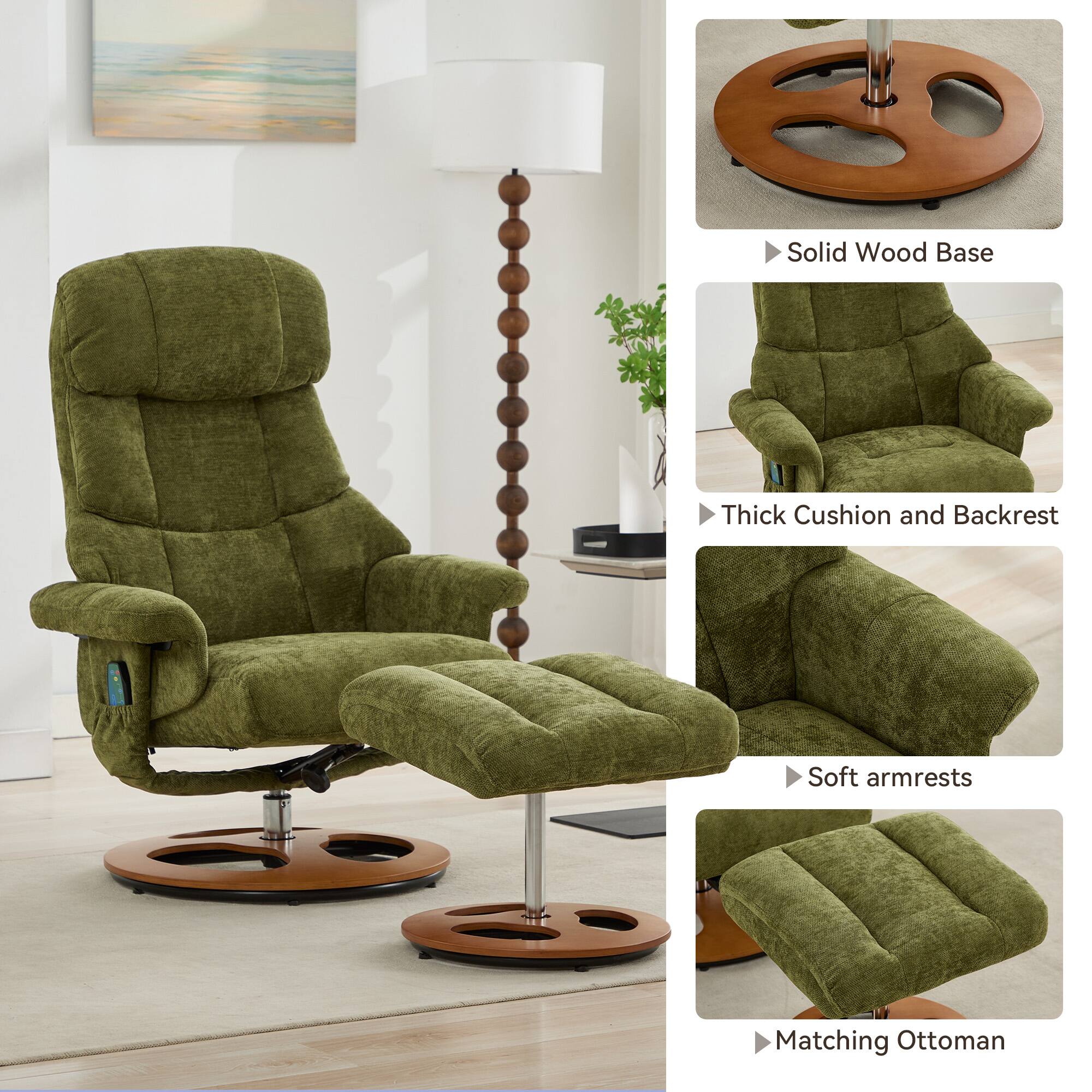 - Solid Wood Base
- Thick Cushion and Backrest
- Soft armrests
- Matching Ottoman