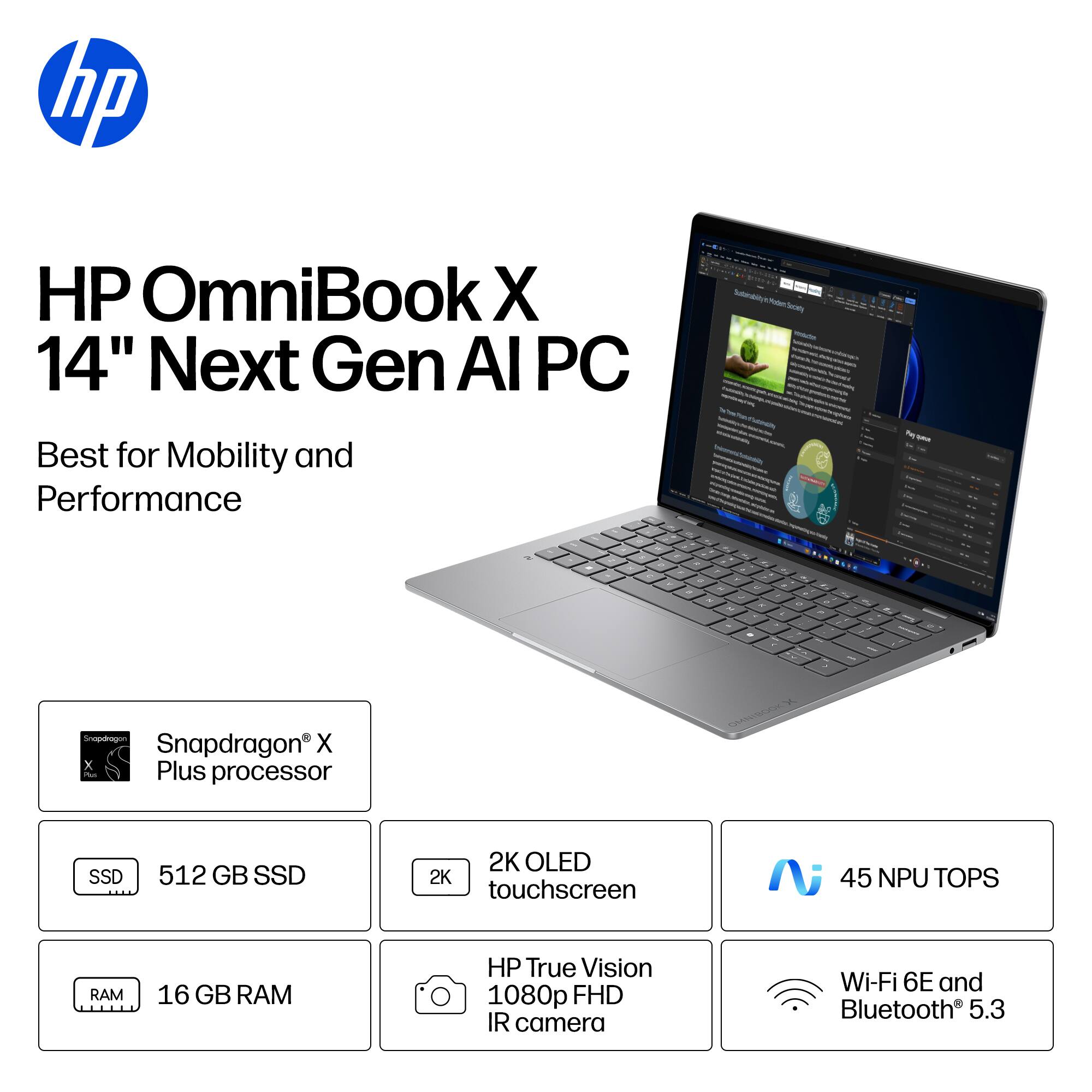 HP OmniBook X 14" Next Gen AI PC  
Best for Mobility and Performance  

- Snapdragon X Plus processor  
- 512 GB SSD  
- 2K OLED touchscreen  
- 16 GB RAM  
- HP True Vision 1080p FHD IR camera  
- Wi-Fi 6E and Bluetooth 5.3  
- 45 NPU TOPS
