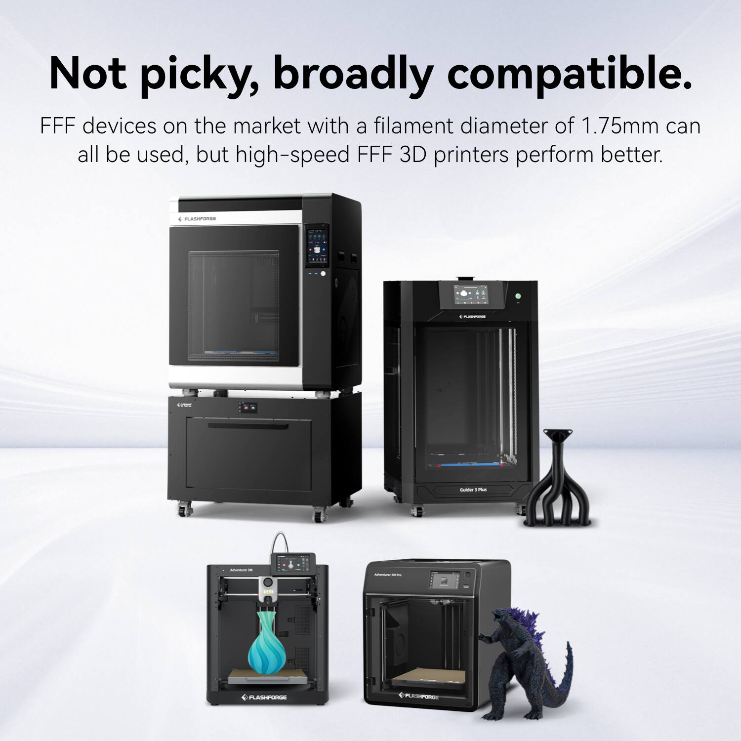 Not picky, broadly compatible.

FFF devices on the market with a filament diameter of 1.75mm can all be used, but high-speed FFF 3D printers perform better.