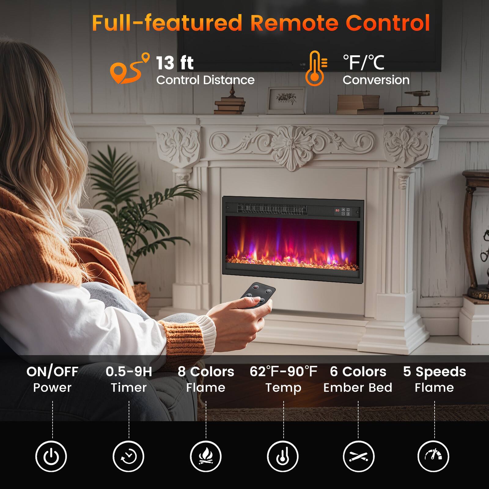Full-featured Remote Control, 13 ft Control Distance, F/C Conversion, ON/OFF, 0.5-9H Timer, 8 Colors Flame, 62F-90F Temp, 6 Colors Ember Bed, 5 Speeds Flame