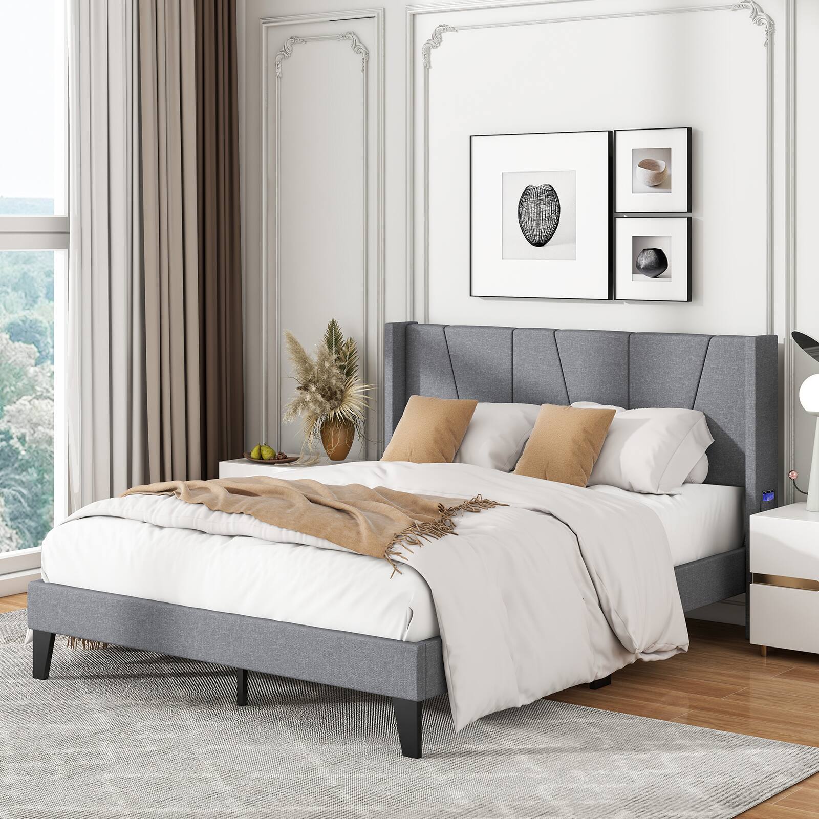 Alt View 1. Sugift - Full Size Bed Frame with Wingback Headboard and Wood Slat Support-Full Size - Grey.