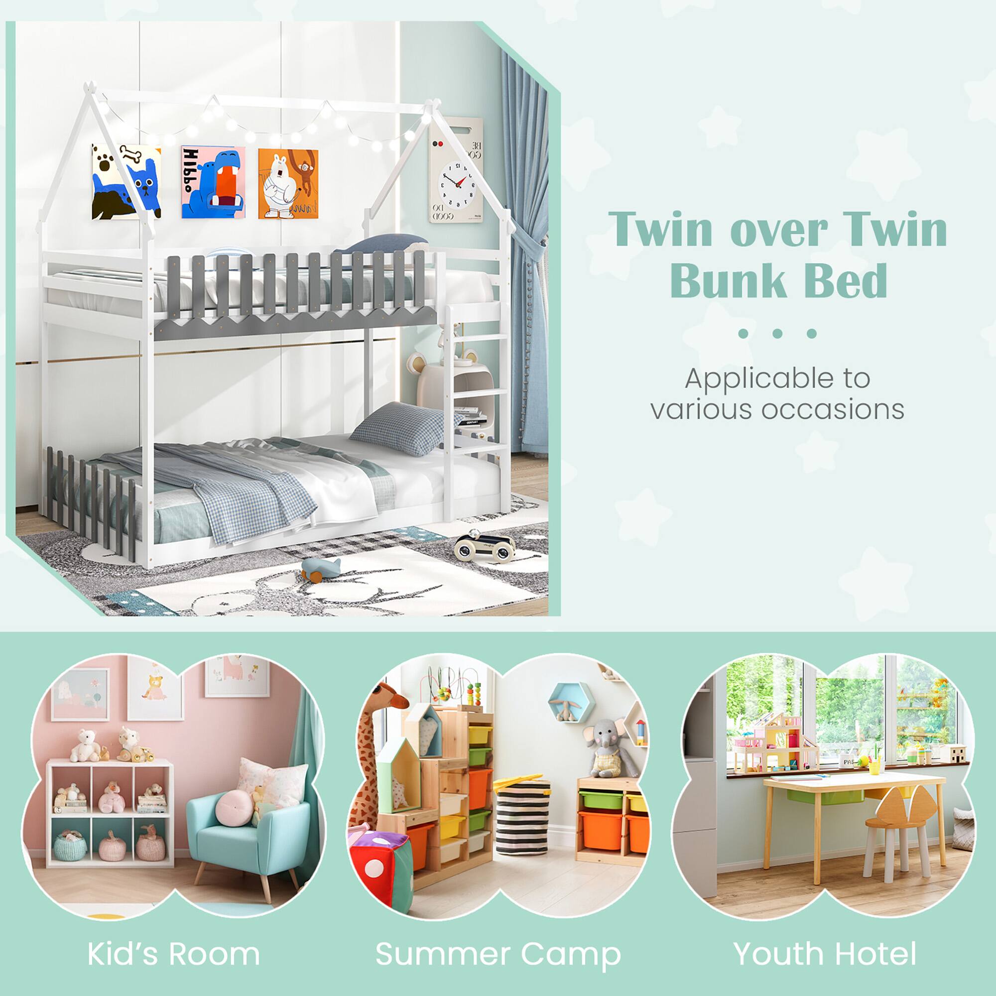 Twin over Twin Bunk Bed - Applicable to various occasions

Kid's Room
Summer Camp
Youth Hotel