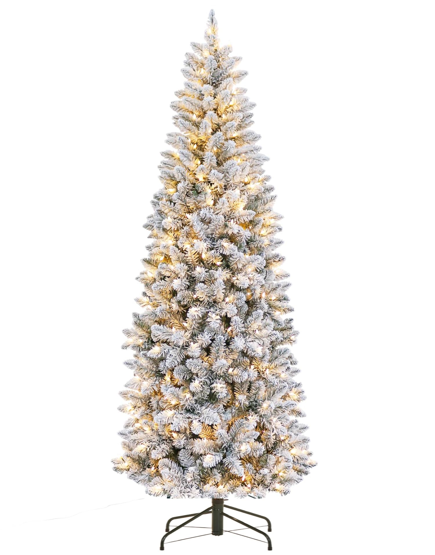 Front. Jojoka - 6ft Pre-Lit Pencil Christmas Tree, Frosted Artificial Xmas Tree with LED Lights and Metal Bas - 6 Ft White.