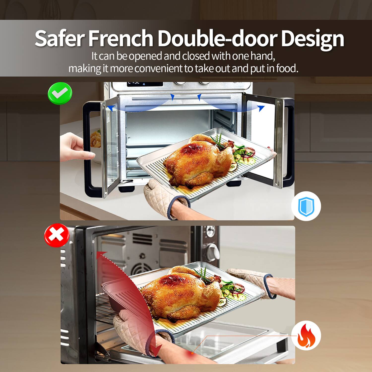 Safer French Double-door Design  
It can be opened and closed with one hand, making it more convenient to take out and put in food.
