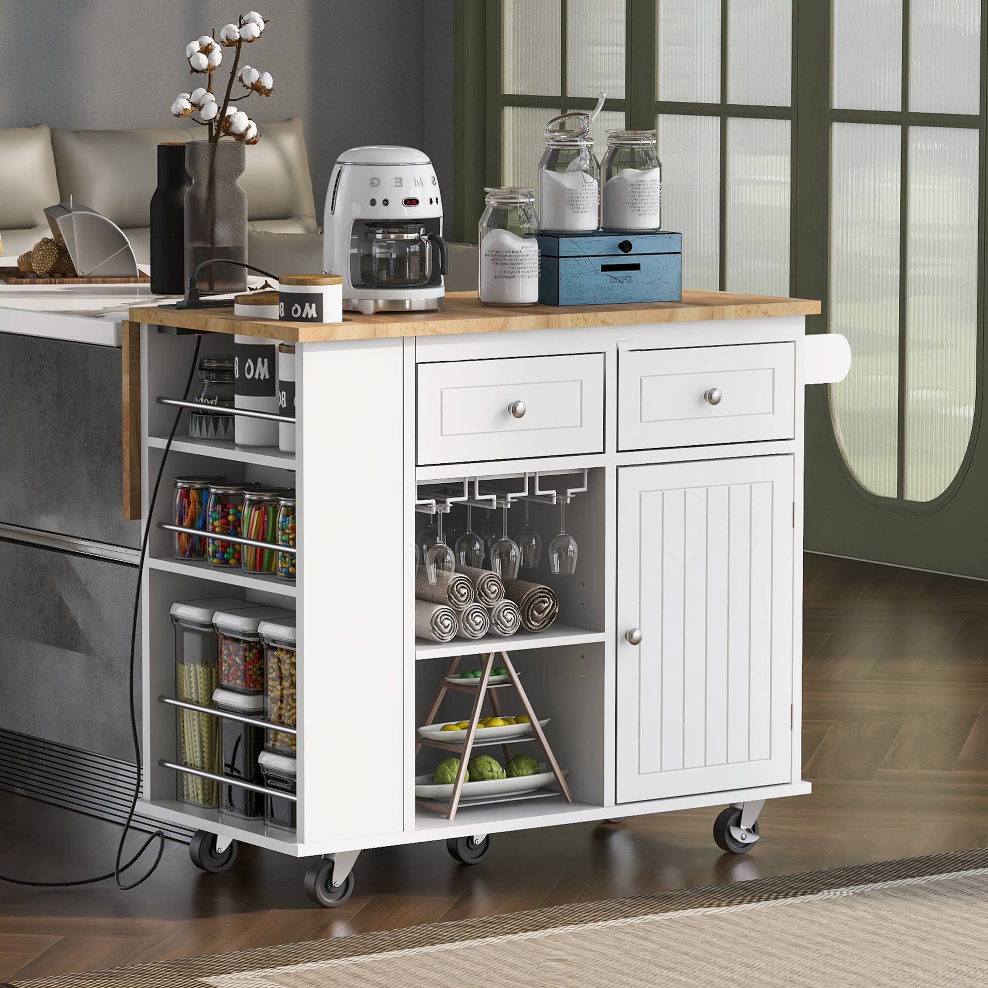 Front. ELEMENT ACE - Versatile Kitchen Island Cart with Power Outlet, Adjustable Shelves, and Lockable Wheels for Storage - White.