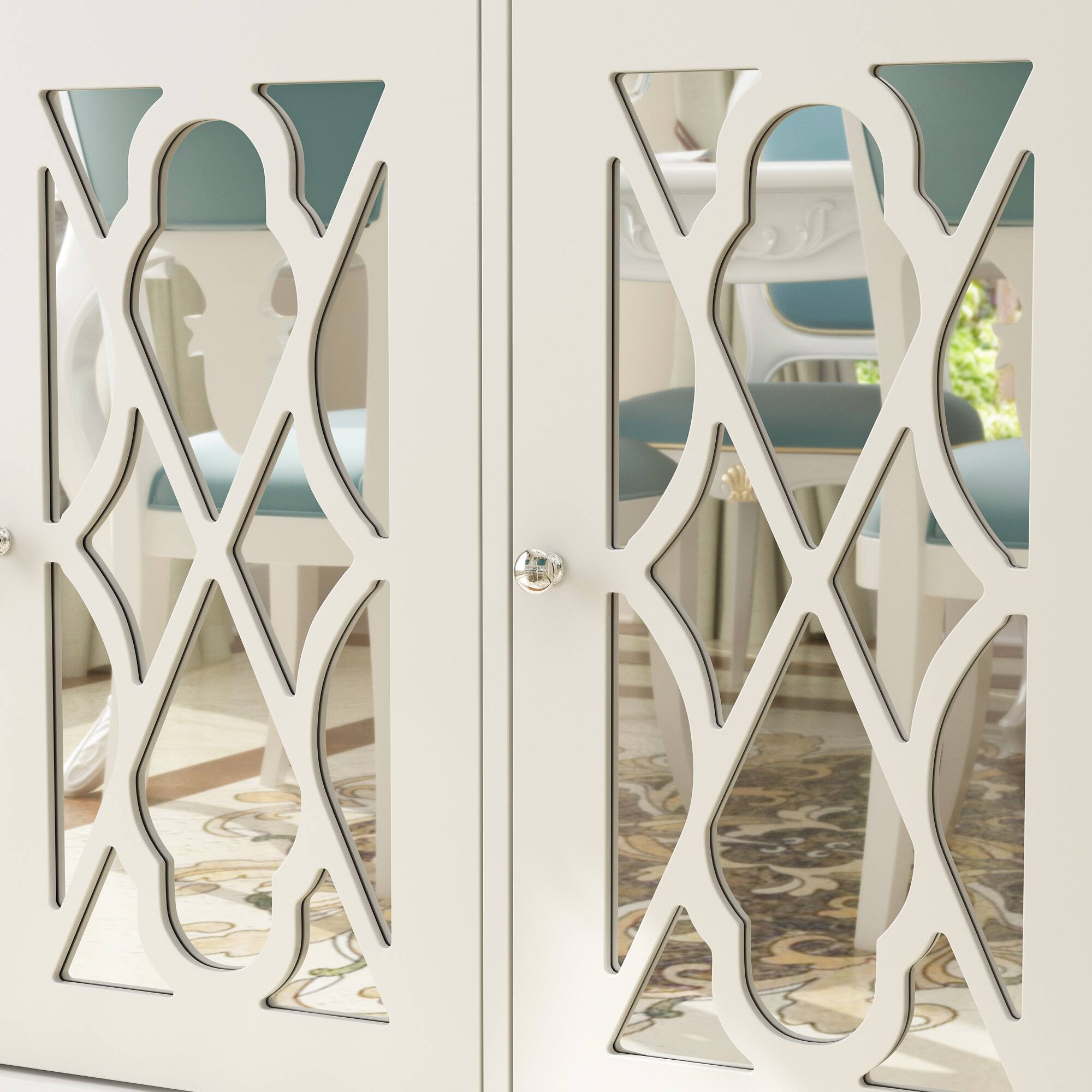 Alt View 4. Famapy - Mirrored Carved Sideboard Cabinet, Decorative Storage Buffet for Dining Room or Living Room - White.