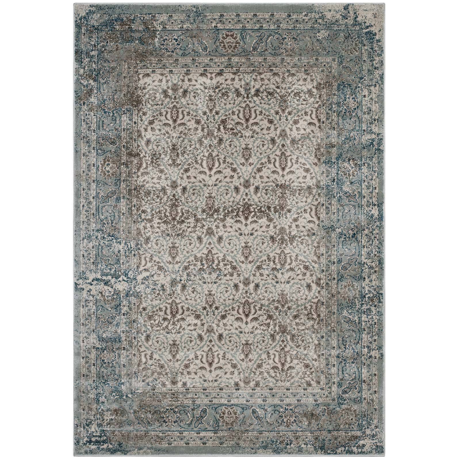 Angle. Modway - Dilys Distressed Vintage Floral Lattice Area Rug - Teal Brown and Beige.