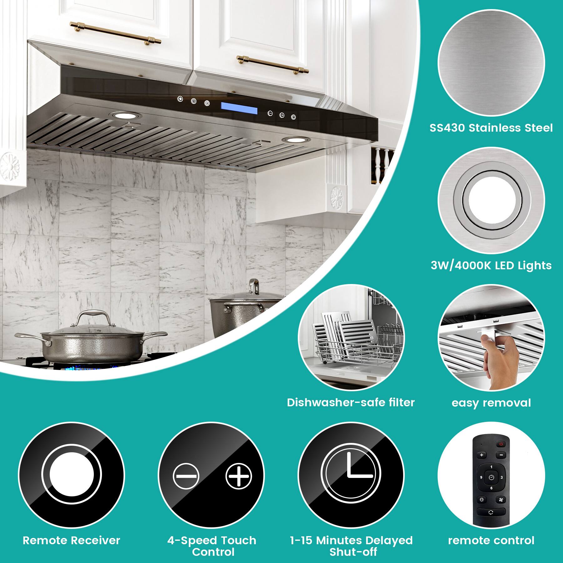 SS430 Stainless Steel  
3W/4000K LED Lights  
Dishwasher-safe filter  
easy removal  
Remote Receiver  
4-Speed Touch Control  
1-15 Minutes Delayed Shut-off  
remote control