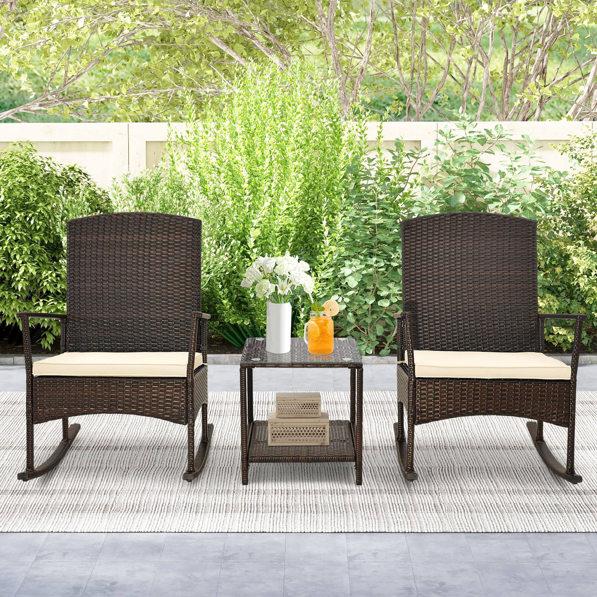 Alt View 3. Gymax - Gymax 3 Pieces Rocking Wicker Bistro Set Outdoor Front Porch Rocker Chairs Conversation Set White - White, Mix Brown.