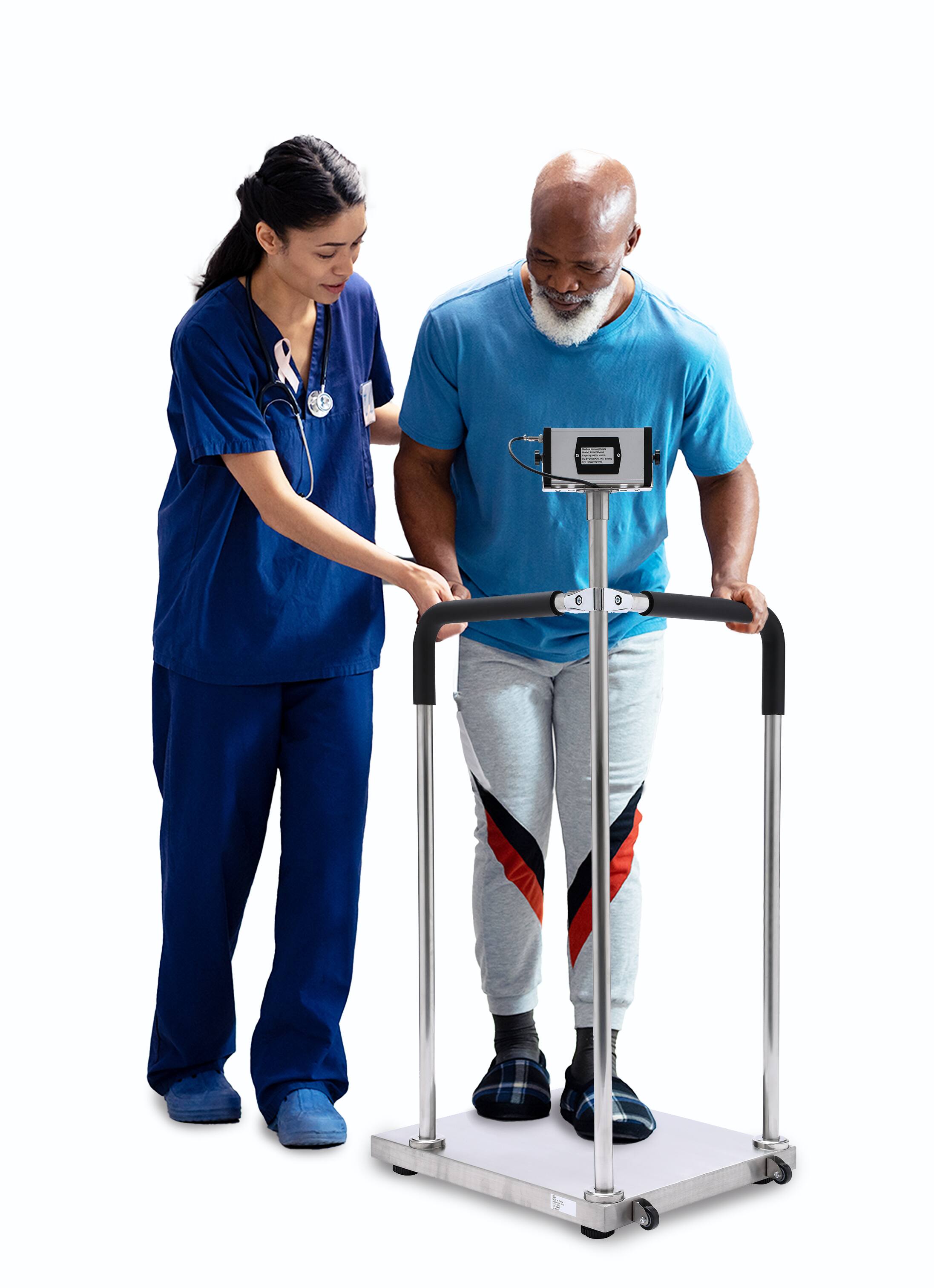 Angle. Viva Comfort - ME904 Series Scale, Bariatric Handrail Digital Physician Scale with Wheels - Silver.