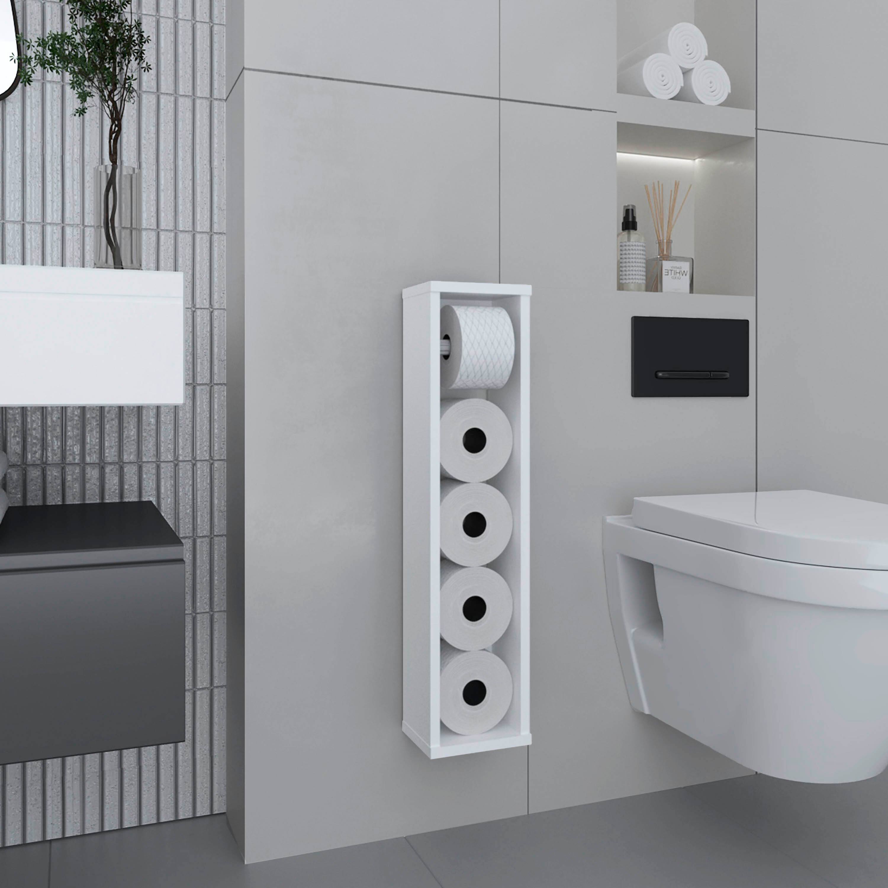 Angle. TuHome - Bali 28" High Toilet Paper Holder Narrow Shelf Organizer For Bathroom, Living Room, Kitchen - White.