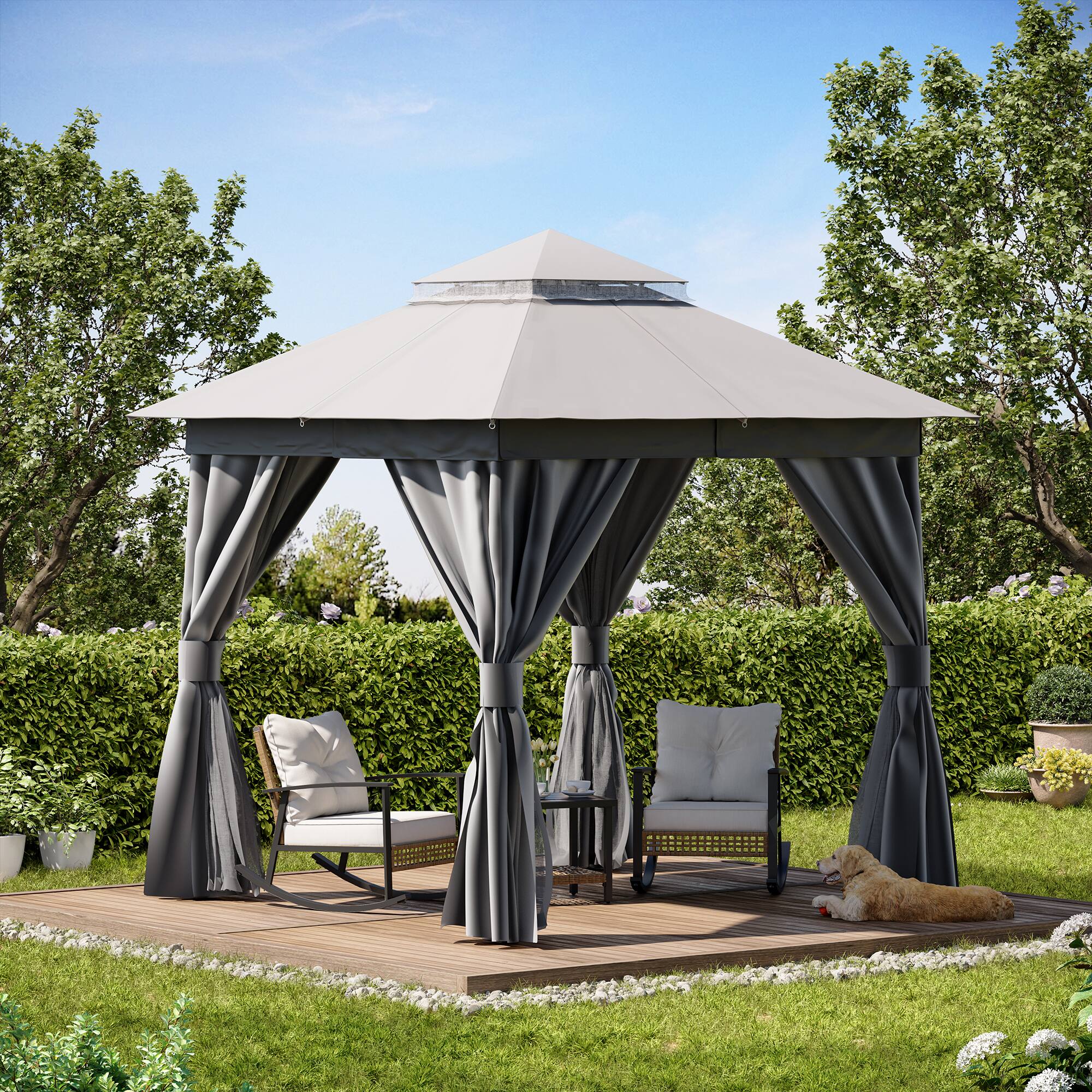 Angle. Yardgrace - 8x8 FT Outdoor Heavy Duty Metal Frame Gazebo Double Roof Mosquito Net Privacy Screen Patio Backyard Garden - Grey.