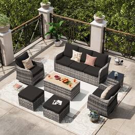 Yardgrace - 7 Pieces Patio Conversation Set Patio Sectional Furniture Set with 2 Swivel Rocker Chair & Sofa 2 Ottomans and Table - Black