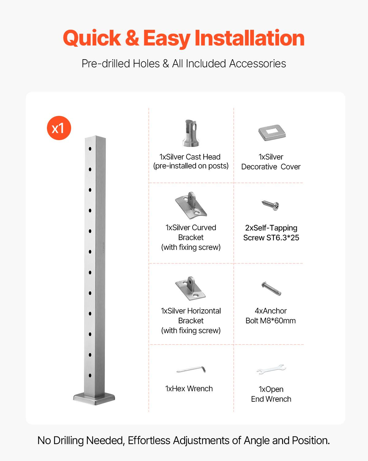 Quick & Easy Installation  
Pre-drilled Holes & All Included Accessories  

- 1x Silver Cast Head (pre-installed on posts)  
- 1x Silver Decorative Cover  
- 1x Silver Curved Bracket (with fixing screw)  
- 2x Self-Tapping Screw ST6.3*25  
- 1x Silver Horizontal Bracket (with fixing screw)  
- 4x Anchor Bolt M8*60mm  
- 1x Hex Wrench  
- 1x Open End Wrench  

No Drilling Needed, Effortless Adjustments of Angle and Position.