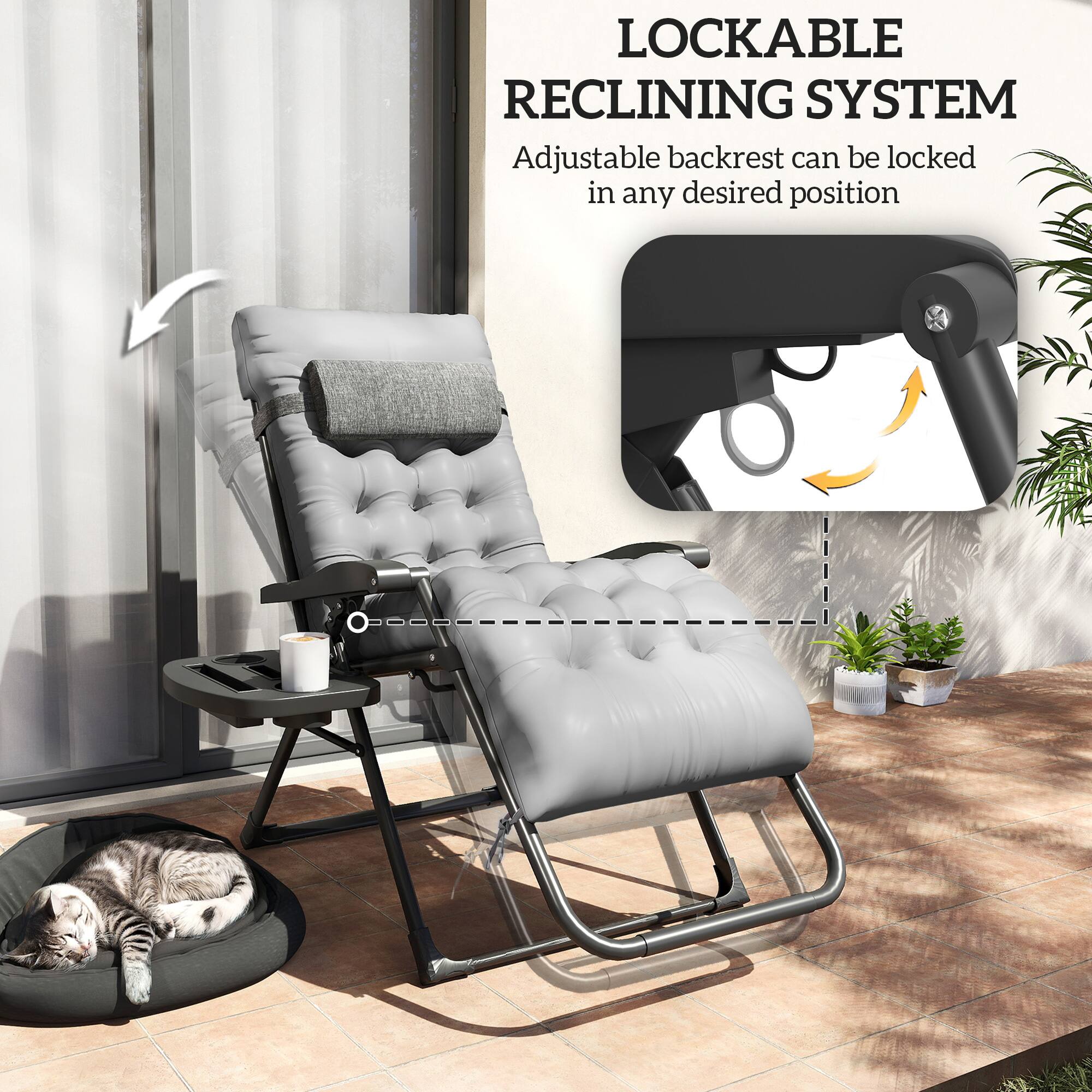 LOCKABLE RECLINING SYSTEM Adjustable backrest can be locked in any desired position