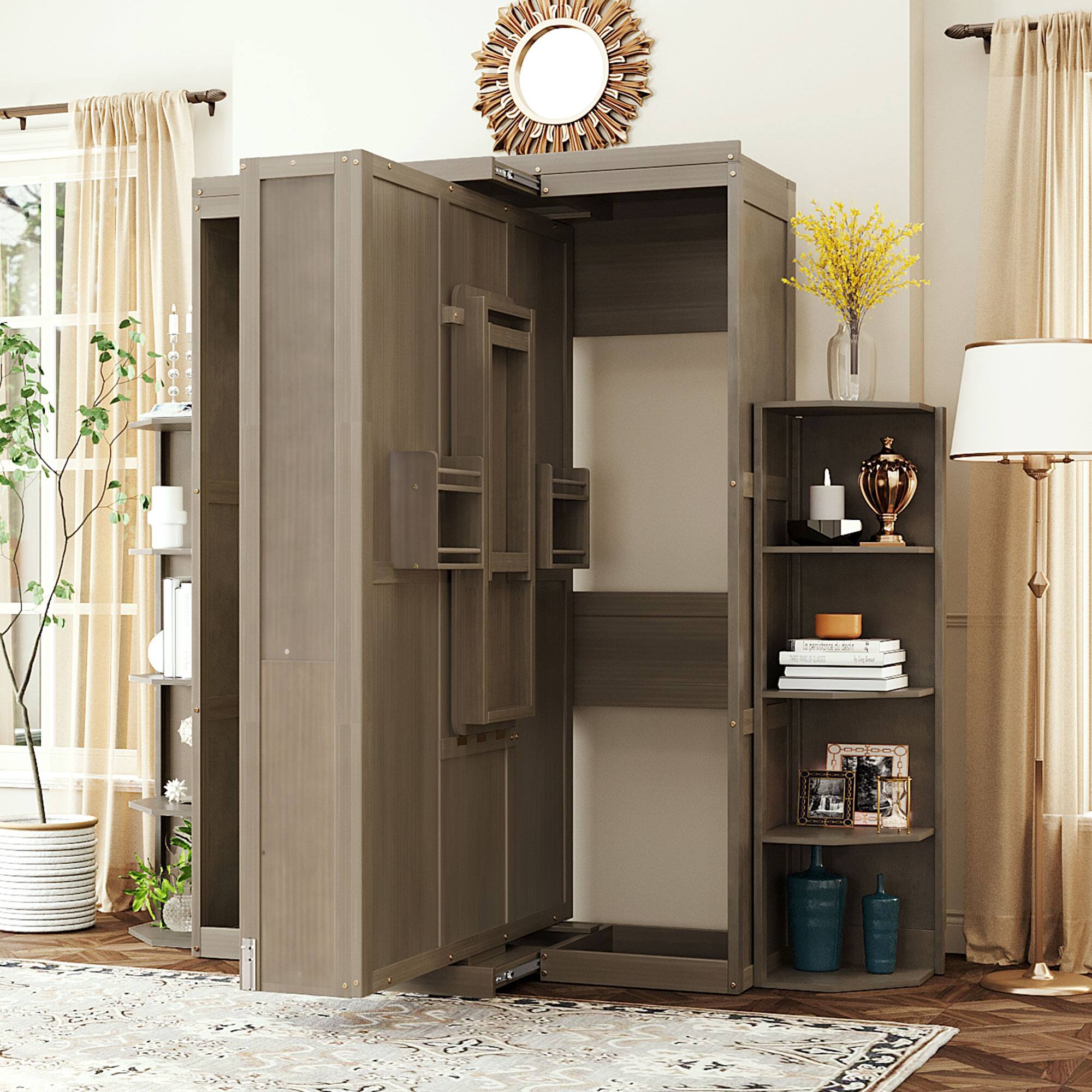 Back. Anysun - Rotating Queen Murphy Bed - Hidden Wall Cabinet, 3-Tier Shelves, Convertible Desk, Space-Saving System for Home Office - Gray.