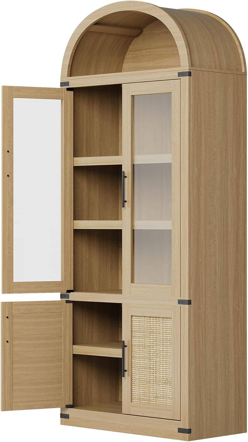 Front. Homhougo - Arched Storage Bookcase, 6-Tier Modern Wooden Shelving with Doors for Living Room, Natural - Natural.