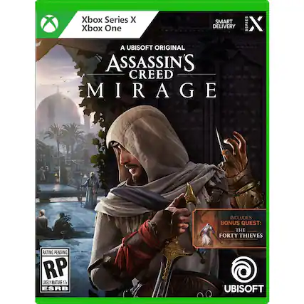 Xbox Series X
Xbox One
SMART DELIVERY
A UBISOFT ORIGINAL
ASSASSIN'S CREED MIRAGE
INCLUDES BONUS QUEST: THE FORTY THIEVES
RATING PENDING RP LIKELY MATURE 17+ ESRB
UBISOFT - T (Teen 13+)