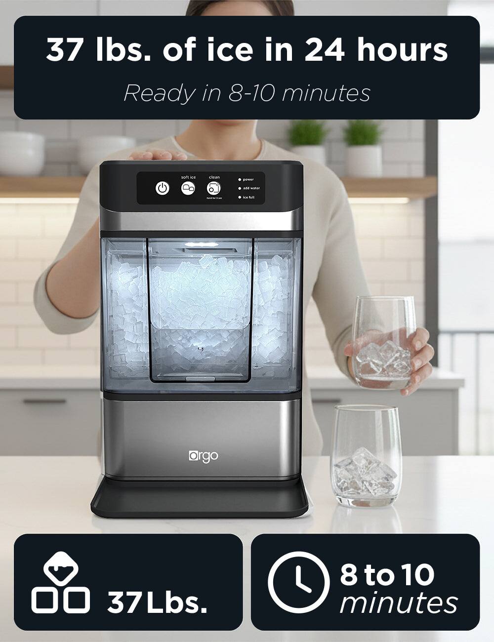 37 lbs. of ice in 24 hours  
Ready in 8-10 minutes