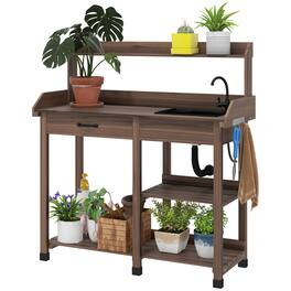 Outsunny - Potting Bench Table, Outdoor Garden Table Wooden Work Station with Removable Sink, Faucet, Drawer, Shelves, Hooks - Coffee