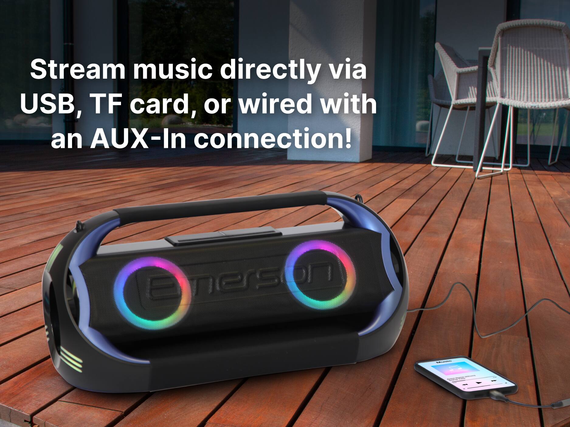 Stream music directly via USB, TF card, or wired with an AUX-In connection! Enersoon