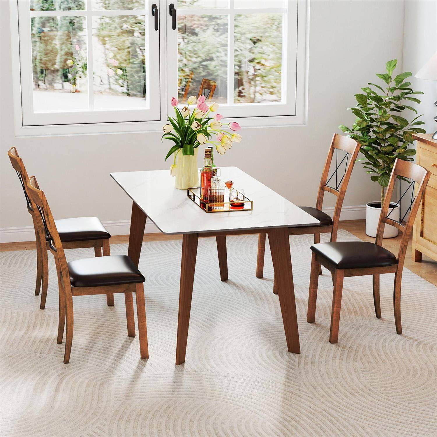Alt View 3. Pefilos - Set of 2 Dining Chairs,Fabric Upholstered Padded Seat,Rubber Wood Frame,Walnut - Brown.