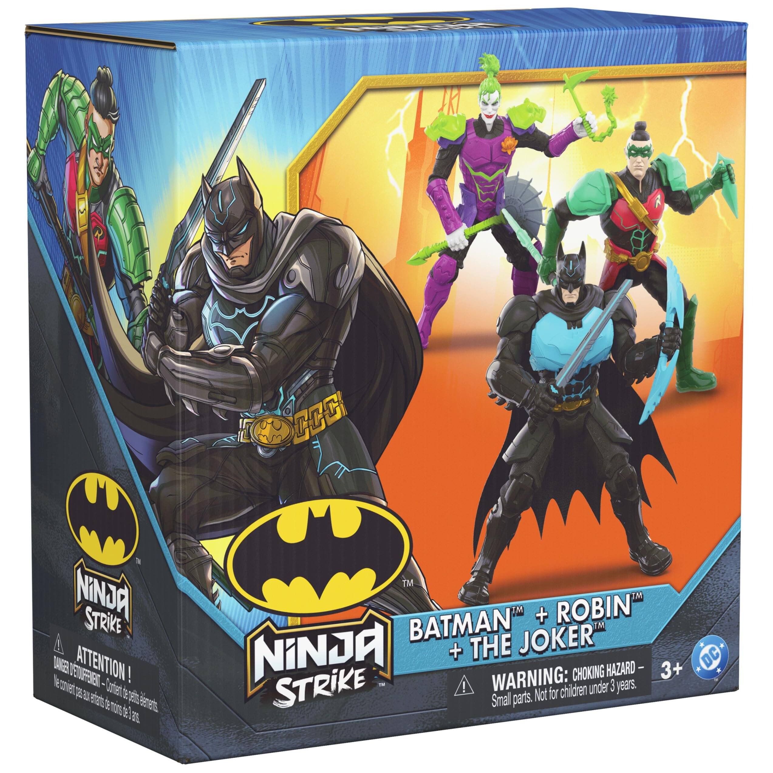 Hanga  
CCC  
KATWEN STRIKE ANGEL VER FLUEN- decomier pas ATTENTION! -Ontenter esfats at anin Percents ars  
BATMAN + ROBIN TM NiNJA + THE JOKER DC WARNING: CHOKING HAZARD- 3+  * STRIKE ! children under 3 years. Small parts. Not for
