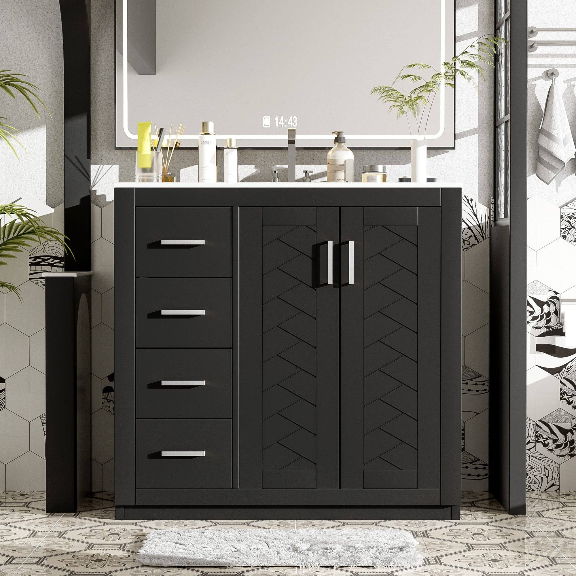 Alt View 5. Boyel Living - 36 Inch Bathroom Vanity with Ceramic Sink Solid Wood Frame 3 Drawers 2 Doors Black - Black.