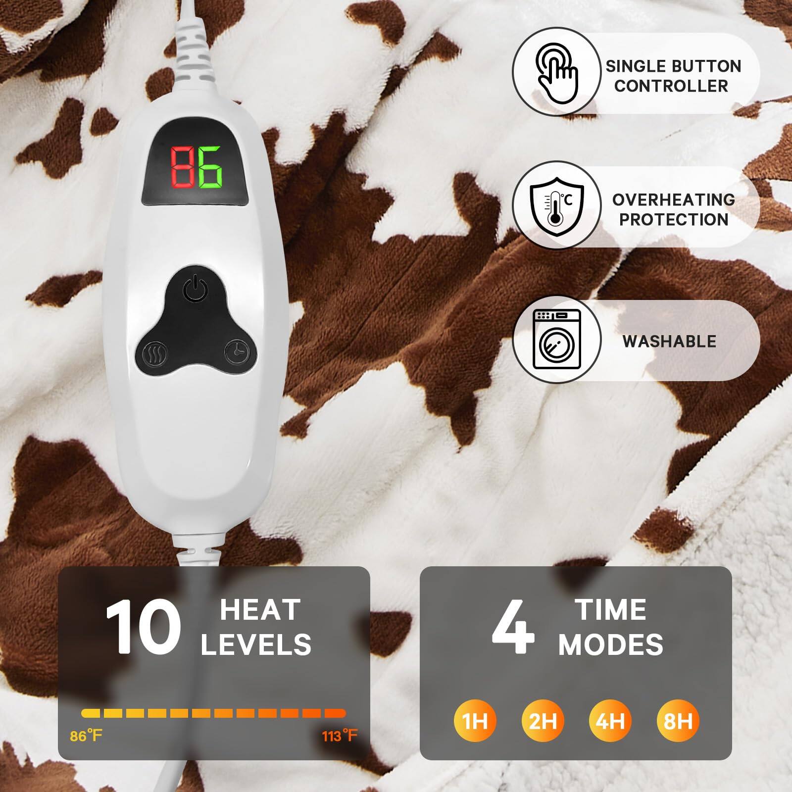 - Single Button Controller
- Overheating Protection
- Washable
- 10 Heat Levels (86°F to 113°F)
- 4 Time Modes (1H, 2H, 4H, 8H)