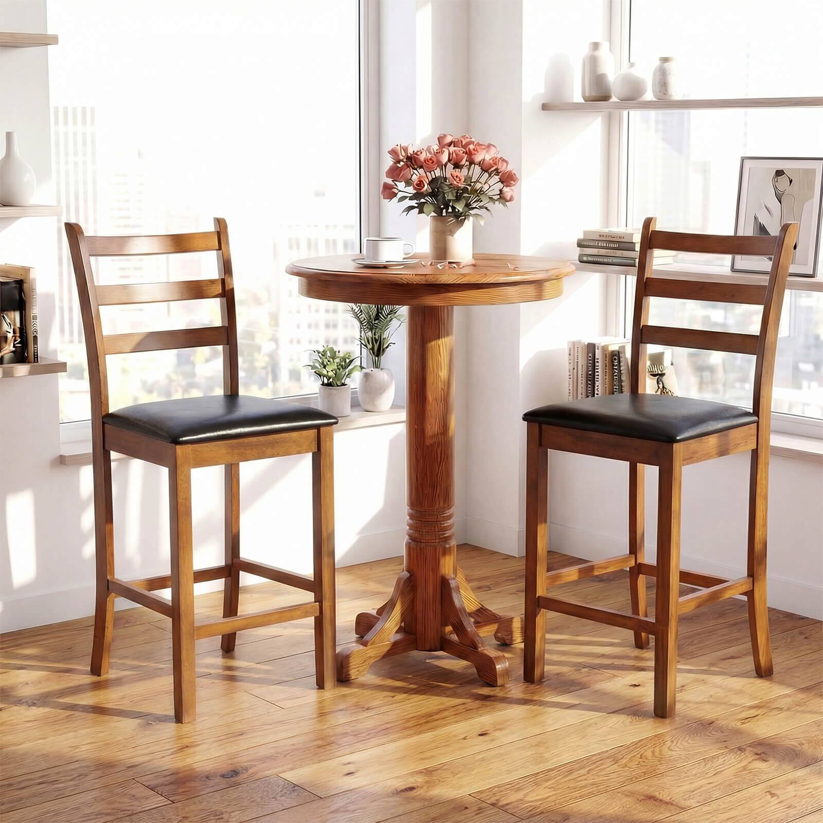 Alt View 3. Costway - Costway 24" Rubber Wood Ladder Back Bar Stools Set of 2 with Upholstered Cushioned Seats - Walnut,Black.