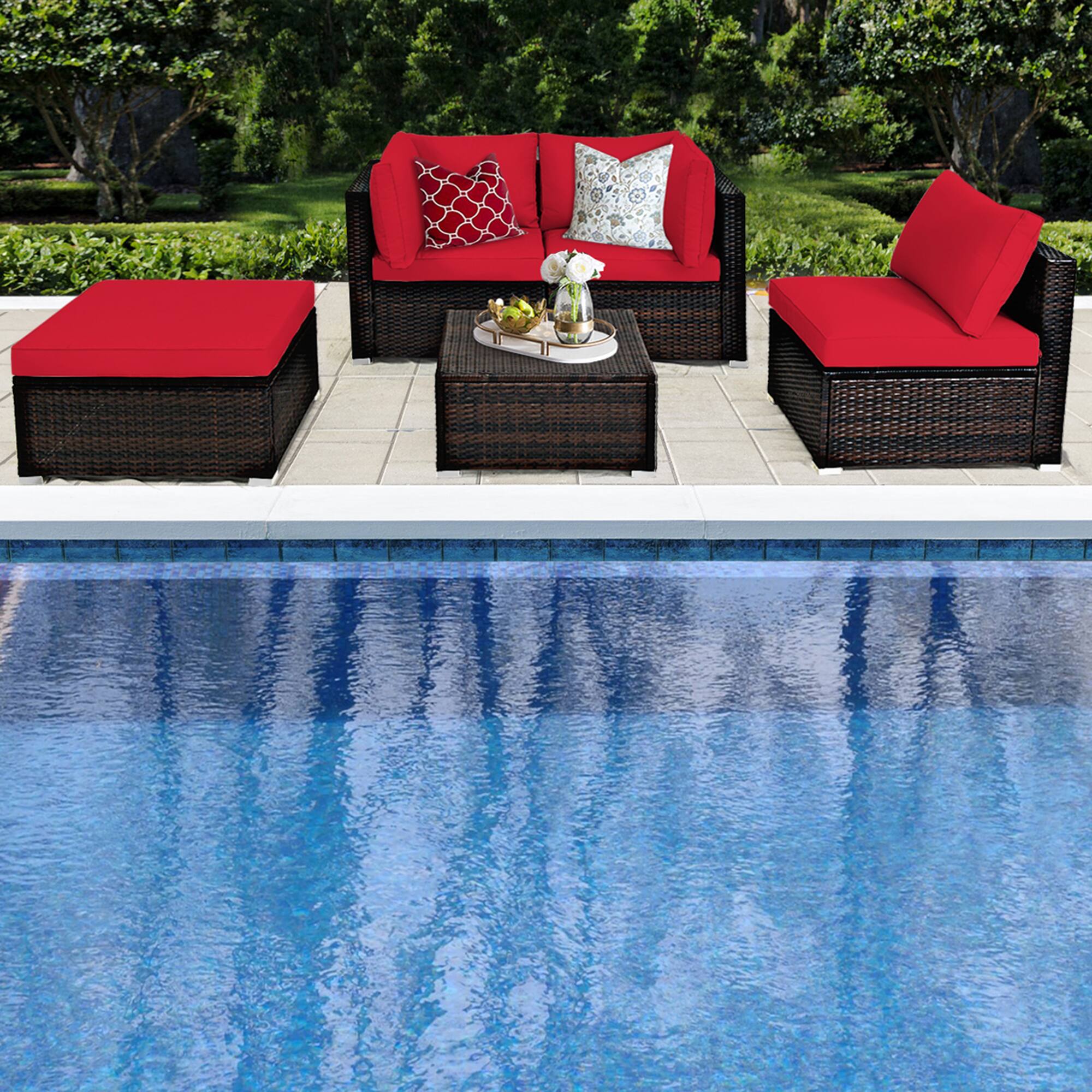 Alt View 4. Gymax - Gymax 5PCS Rattan Patio Conversation Set Outdoor Furniture Set w/ Ottoman Red Cushion - Red.