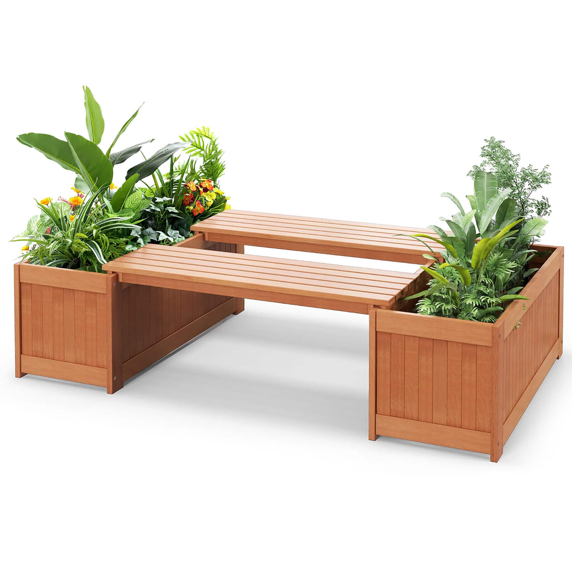 Gymax - 2PCS Wood Outdoor Planter Box w/ Seat 2-in-1 Wooden Raised Garden Bed & Bench - Natural