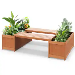 Gymax - 2PCS Wood Outdoor Planter Box w/ Seat 2-in-1 Wooden Raised Garden Bed & Bench - Natural
