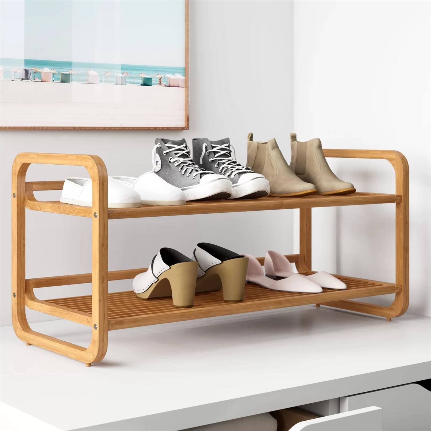 Angle. Hivvago - Bamboo Modern 2-Shelf Stackable Shoe Rack - Holds up to 8 Pair of Shoes - Wallnut.