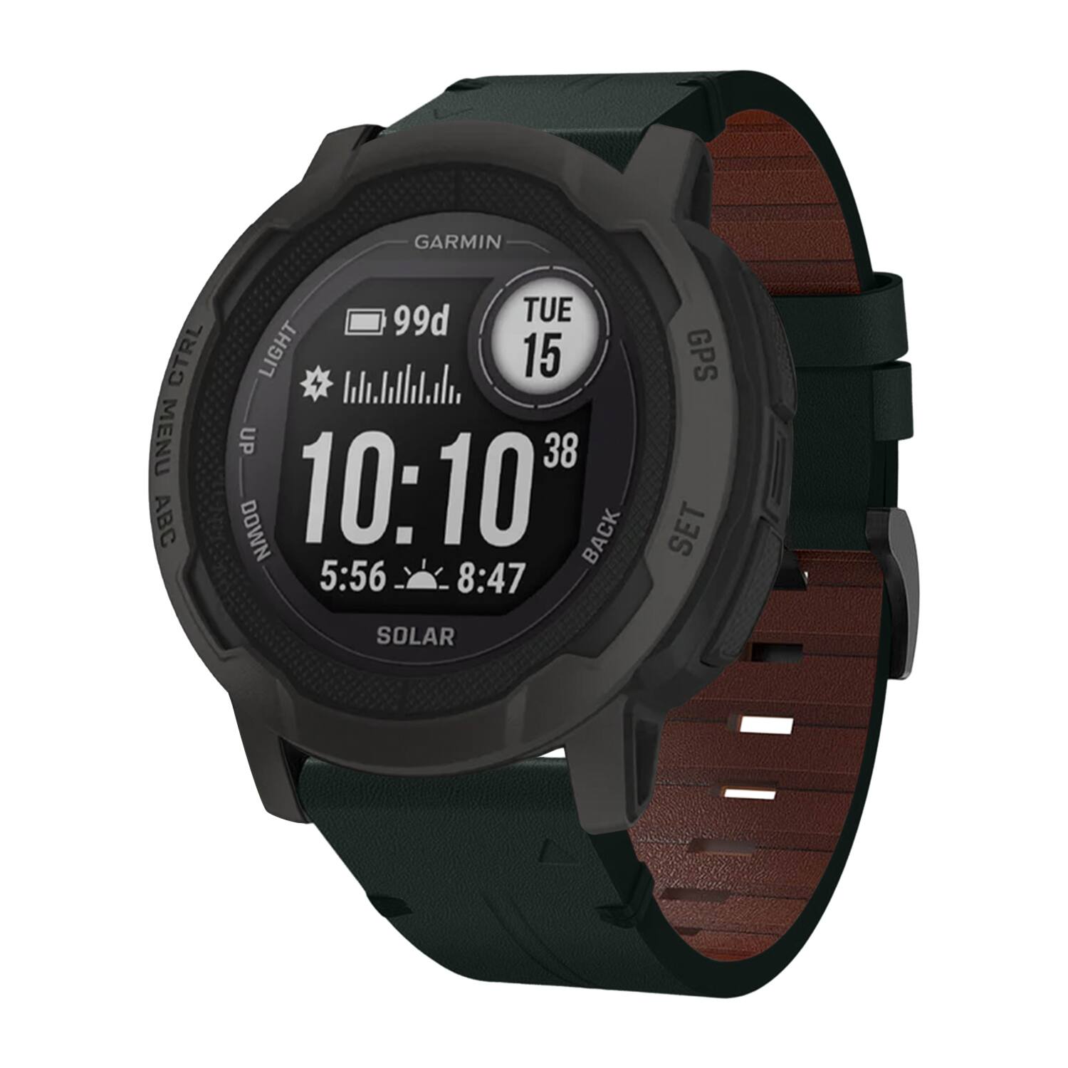 GARMIN CTRL MENU ABC 99d TUE 15 LIGHT 10:10 UP 38 DOWN 5:56 8:47 GPS SET SOLAR