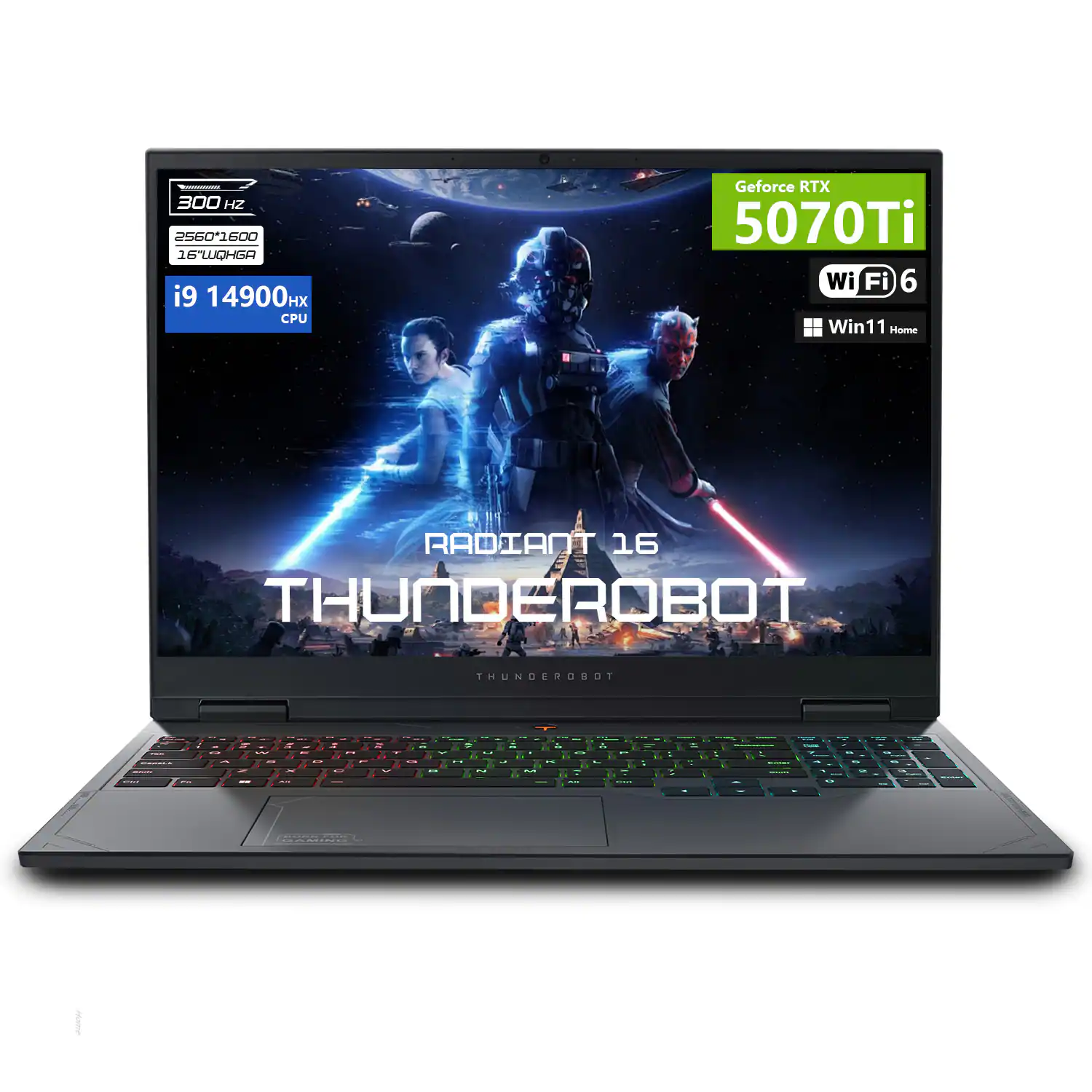 - 300 Hz  
- 2560x1600  
- 16" WQHD  
- i9 14900HX CPU  
- Geforce RTX 5070Ti  
- Wi-Fi 6  
- Win11 Home  
- RADIANT 16  
- THUNDEROBOT