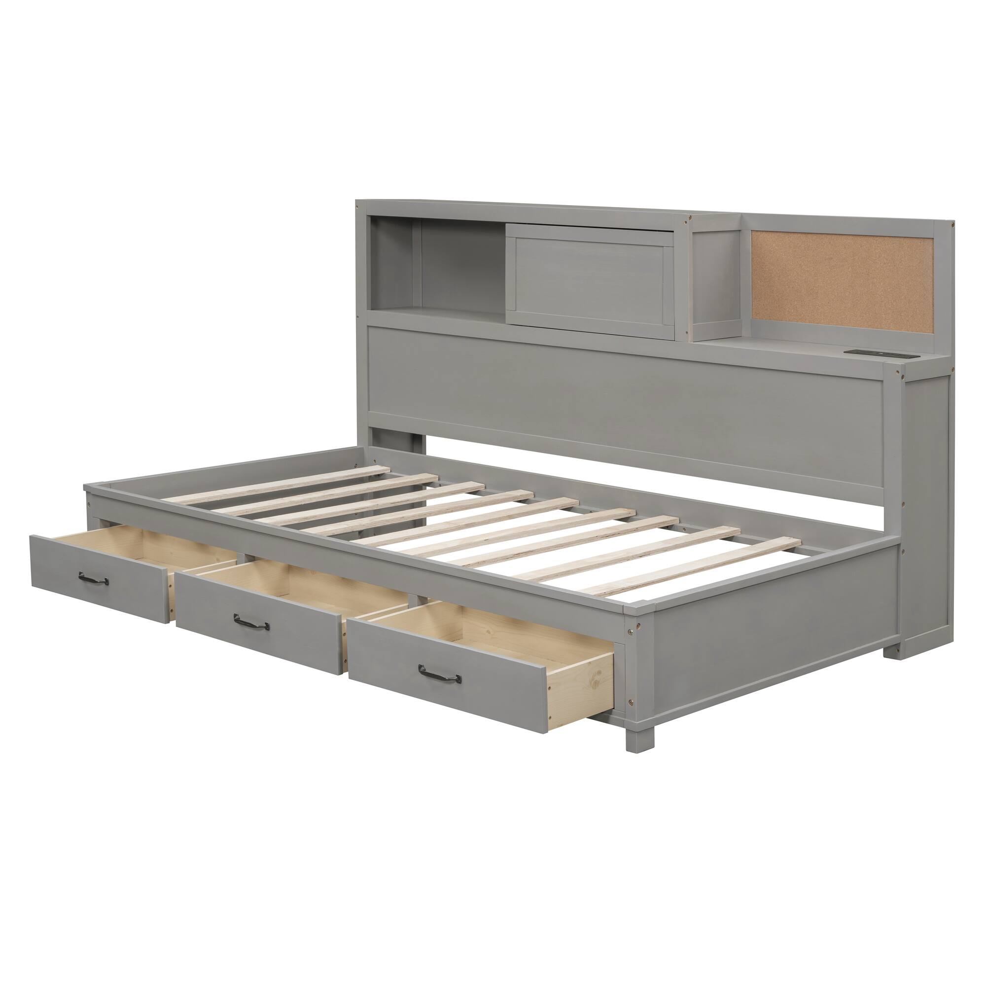 Alt View 1. Tiramisubest - Twin Size Wooden Daybed with 3 Storage Drawers, Upper Soft Board, shelf, and a set of Sockets and USB Ports, Gray - Gray.