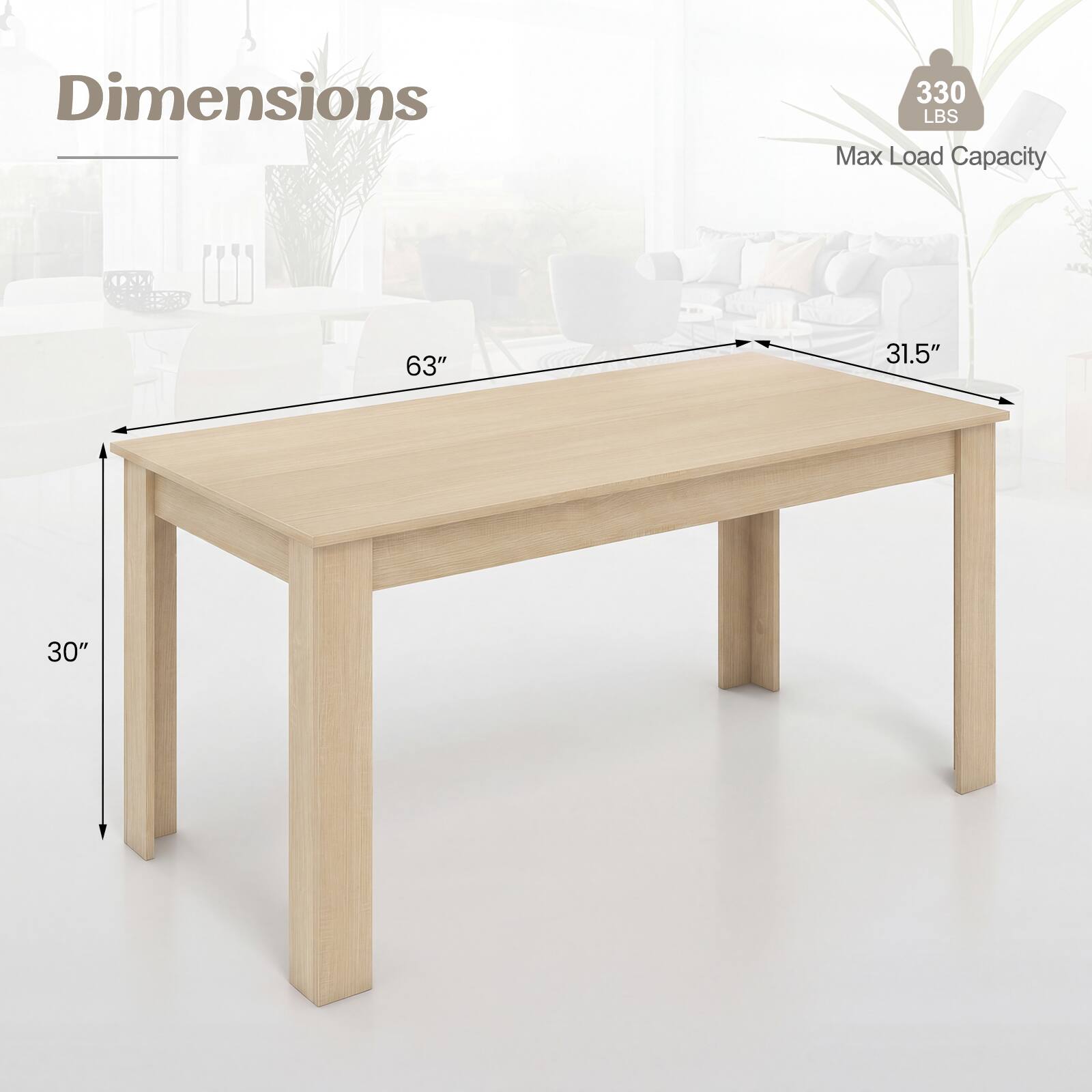 Dimensions: 63" L x 31.5" W x 30" H  
Max Load Capacity: 330 LBS