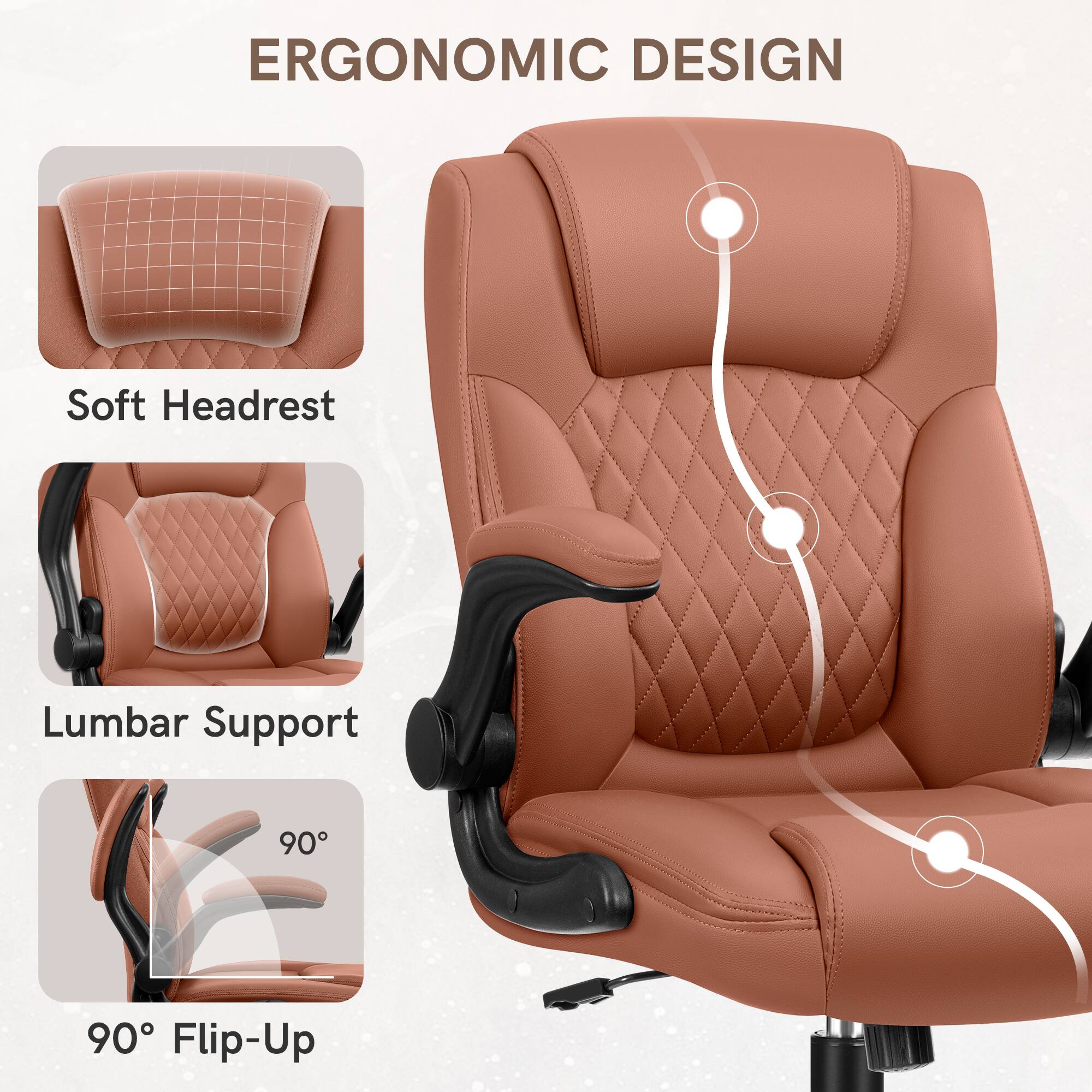 Ergonomic Design: Soft Headrest, Lumbar Support, 90 90 Flip-Up.