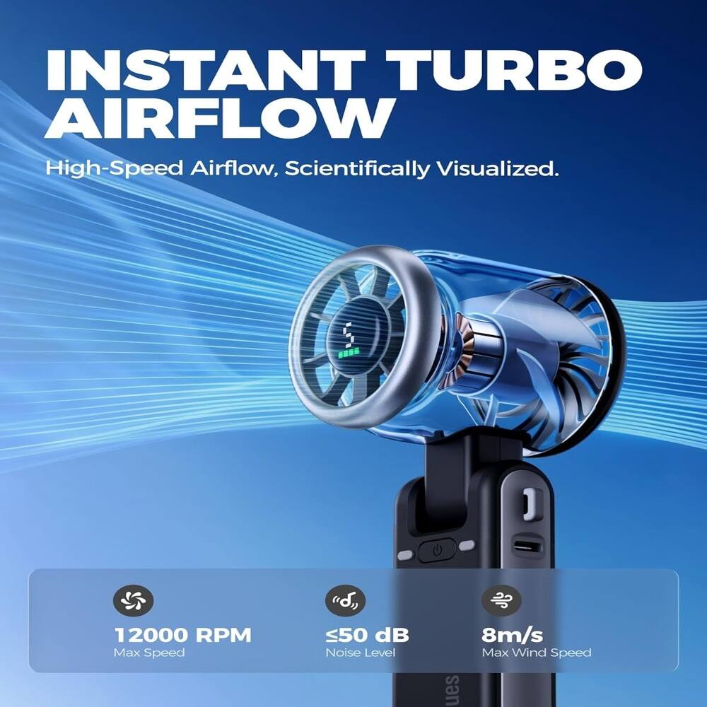 INSTANT TURBO AIRFLOW  
High-Speed Airflow, Scientifically Visualized.  

12000 RPM Max Speed  
≤50 dB Noise Level  
8m/s Max Wind Speed