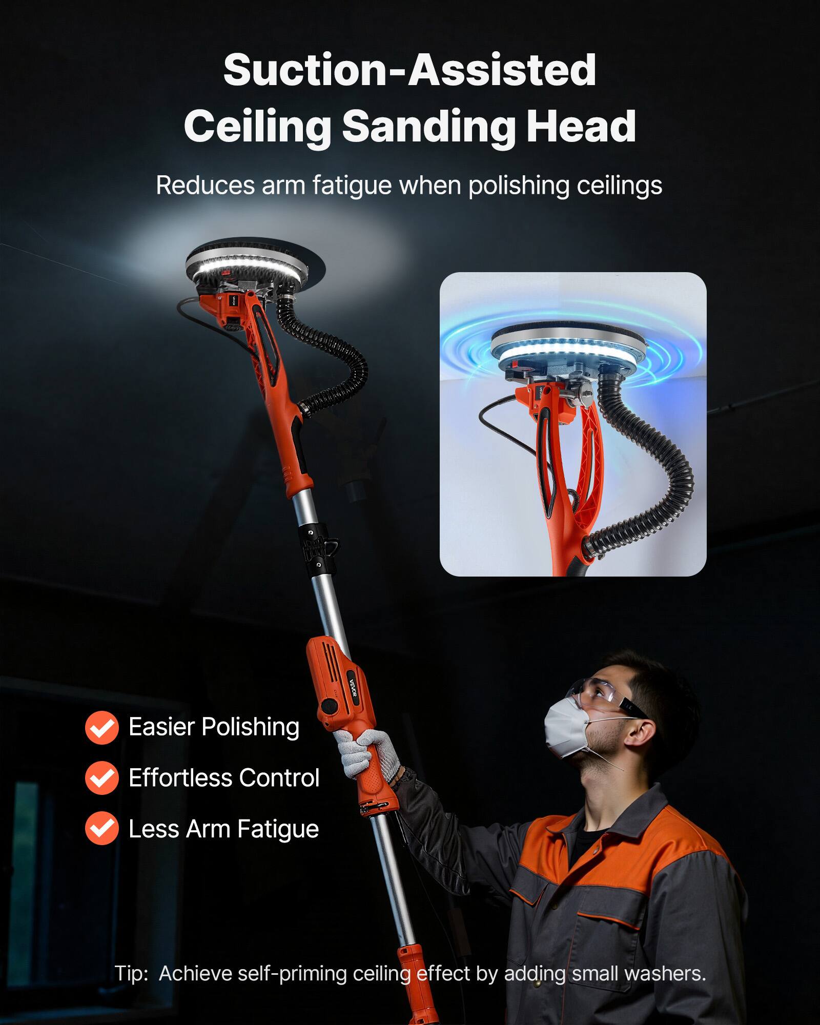 Suction-Assisted Ceiling Sanding Head  
Reduces arm fatigue when polishing ceilings

Easier Polishing  
Effortless Control  
Less Arm Fatigue

Tip: Achieve self-priming ceiling effect by adding small washers.