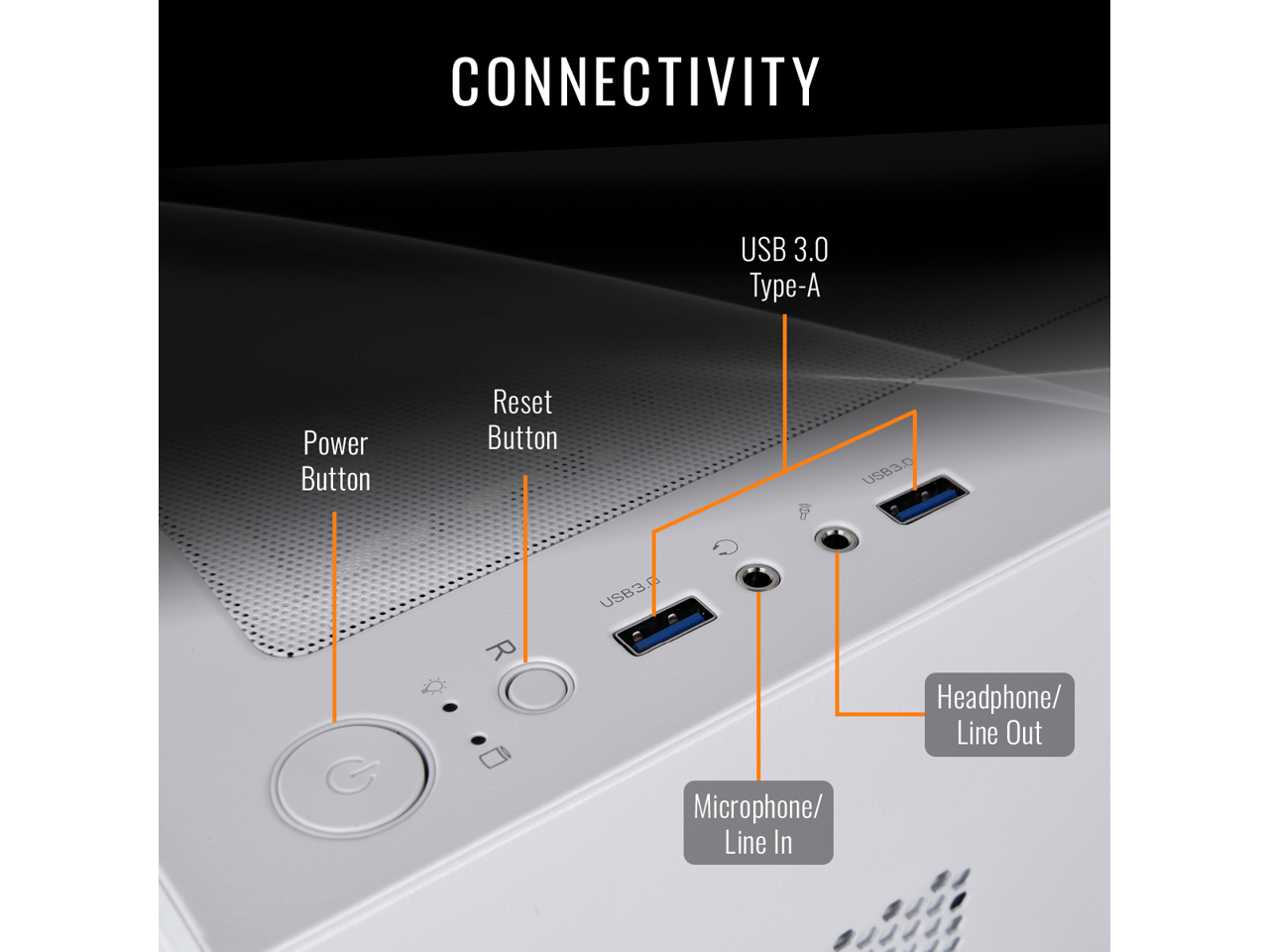 CONNECTIVITY  
USB 3.0 Type-A  
Power Button  
Reset Button  
USB3.0  
Microphone/ Line In  
Headphone/ Line Out