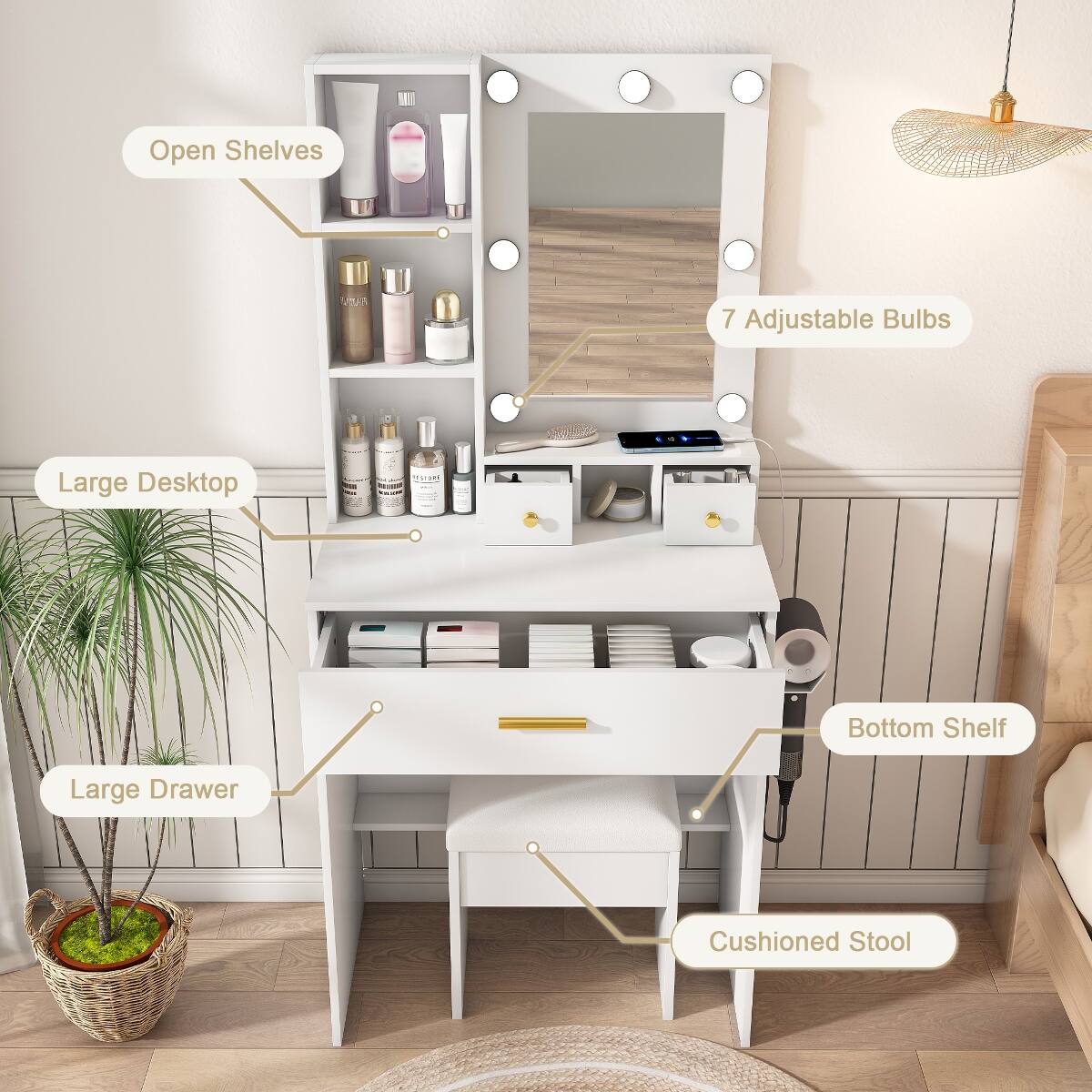 Open Shelves  
7 Adjustable Bulbs  
Large Desktop  
Large Drawer  
Bottom Shelf  
Cushioned Stool