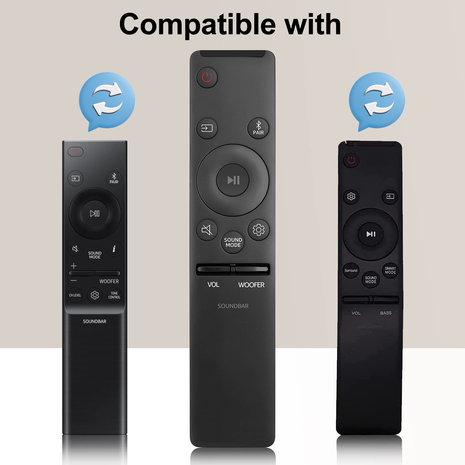 Compatible with

- PAIR
- SOUND MODE
- WOOFER
- TONE CONTROL
- VOLUME
- SURROUND
- SMART MODE
- SOUNDBAR
- BASS