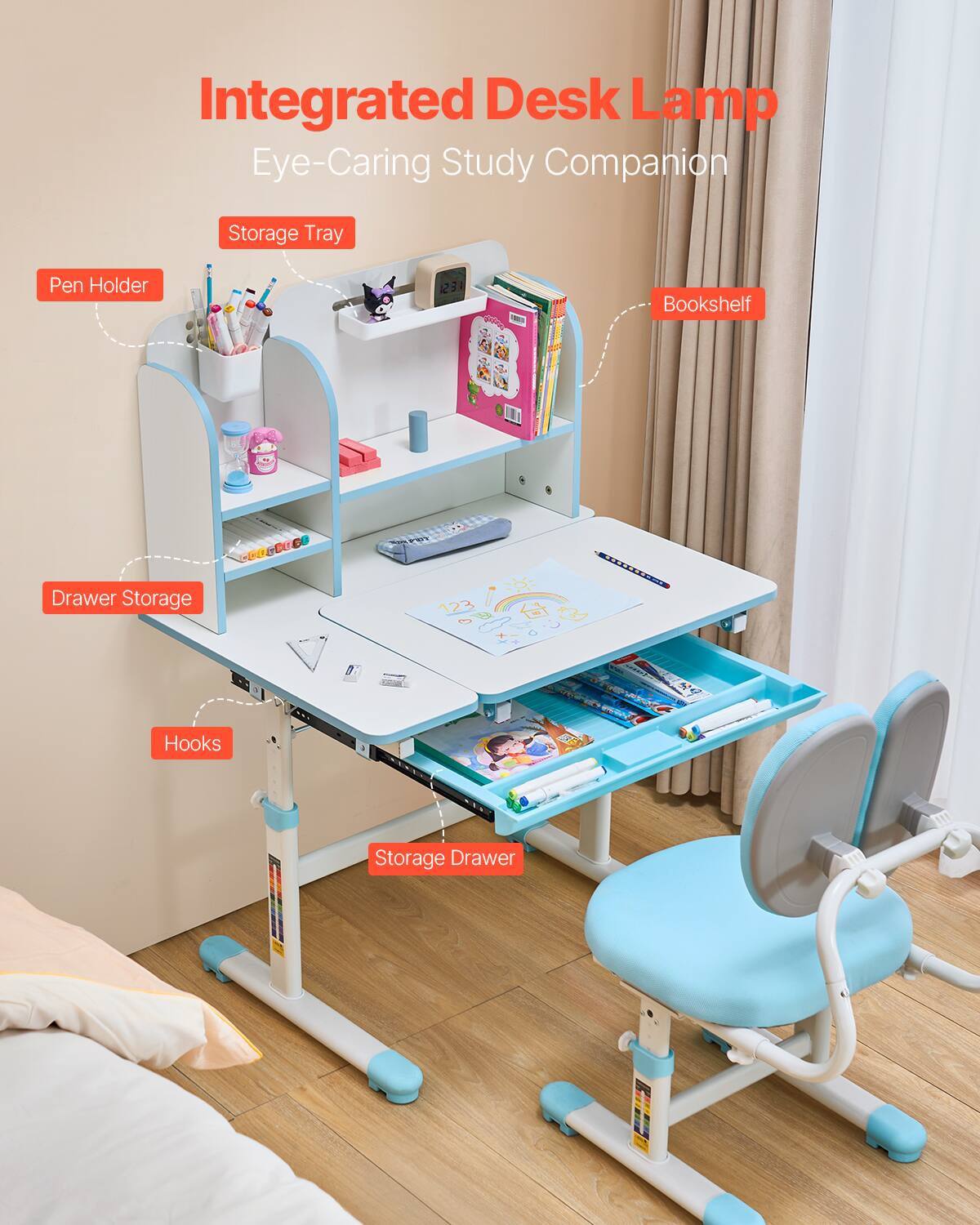 Integrated Desk Lamp  
Eye-Caring Study Companion  

- Storage Tray  
- Pen Holder  
- Bookshelf  
- Drawer Storage  
- Hooks  
- Storage Drawer