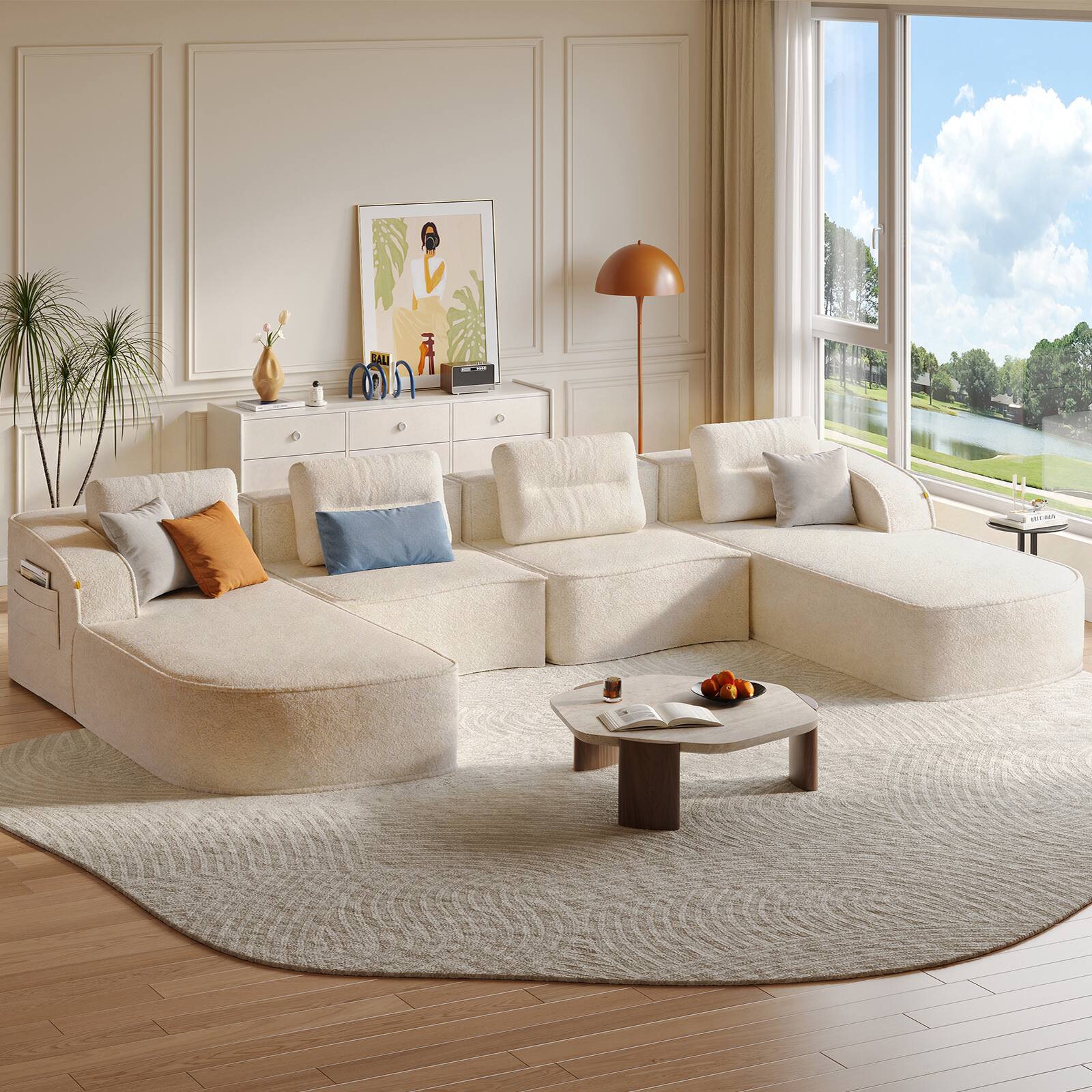 Left. Pinmoco - PINMOCO Modular Sectional Sofa, Sleeper Sofa Bed with 3 Pillows, Boneless Couch with Side Pockets - U-Shape Off White.