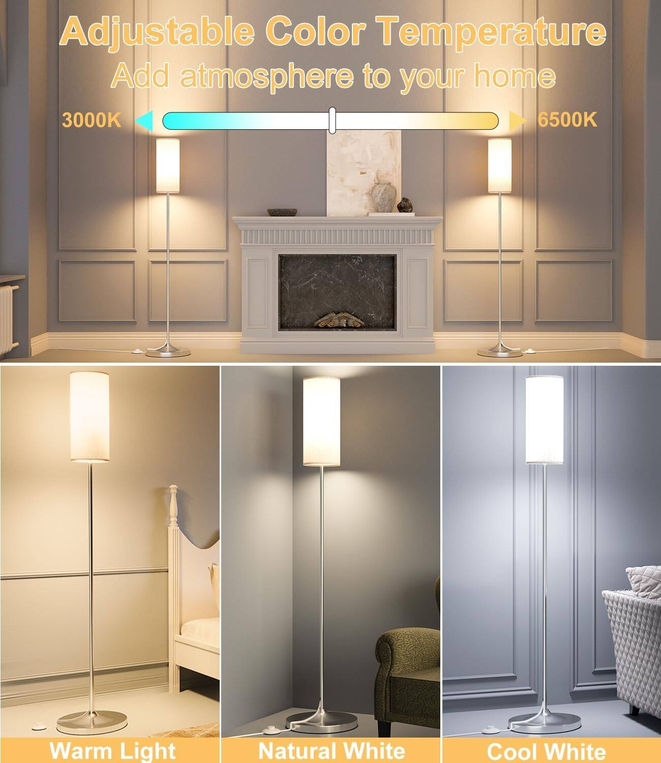 Adjustable Color Temperature  
Add atmosphere to your home  

3000K Warm Light  
6500K Cool White  

Natural White