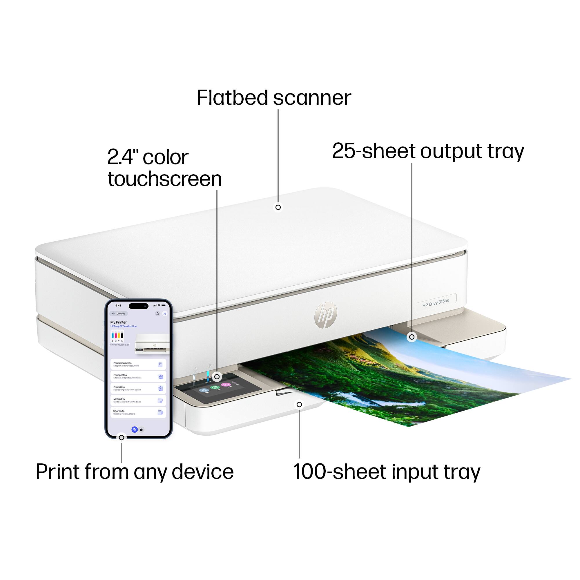 Flatbed scanner  
2.4" color touchscreen  
25-sheet output tray  
Print from any device  
100-sheet input tray
